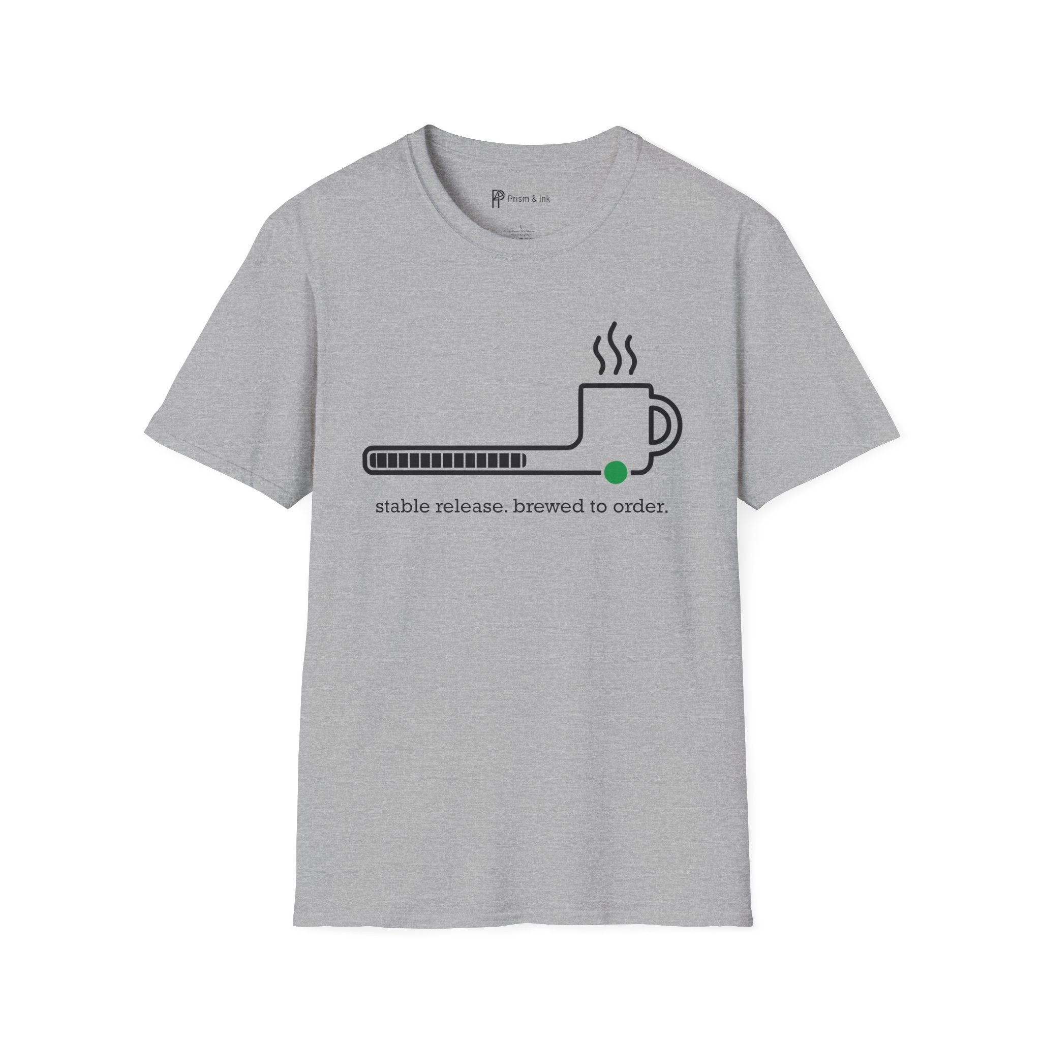Stable Release Coffee T-Shirt — Minimalist Loading Bar & Brew Graphic