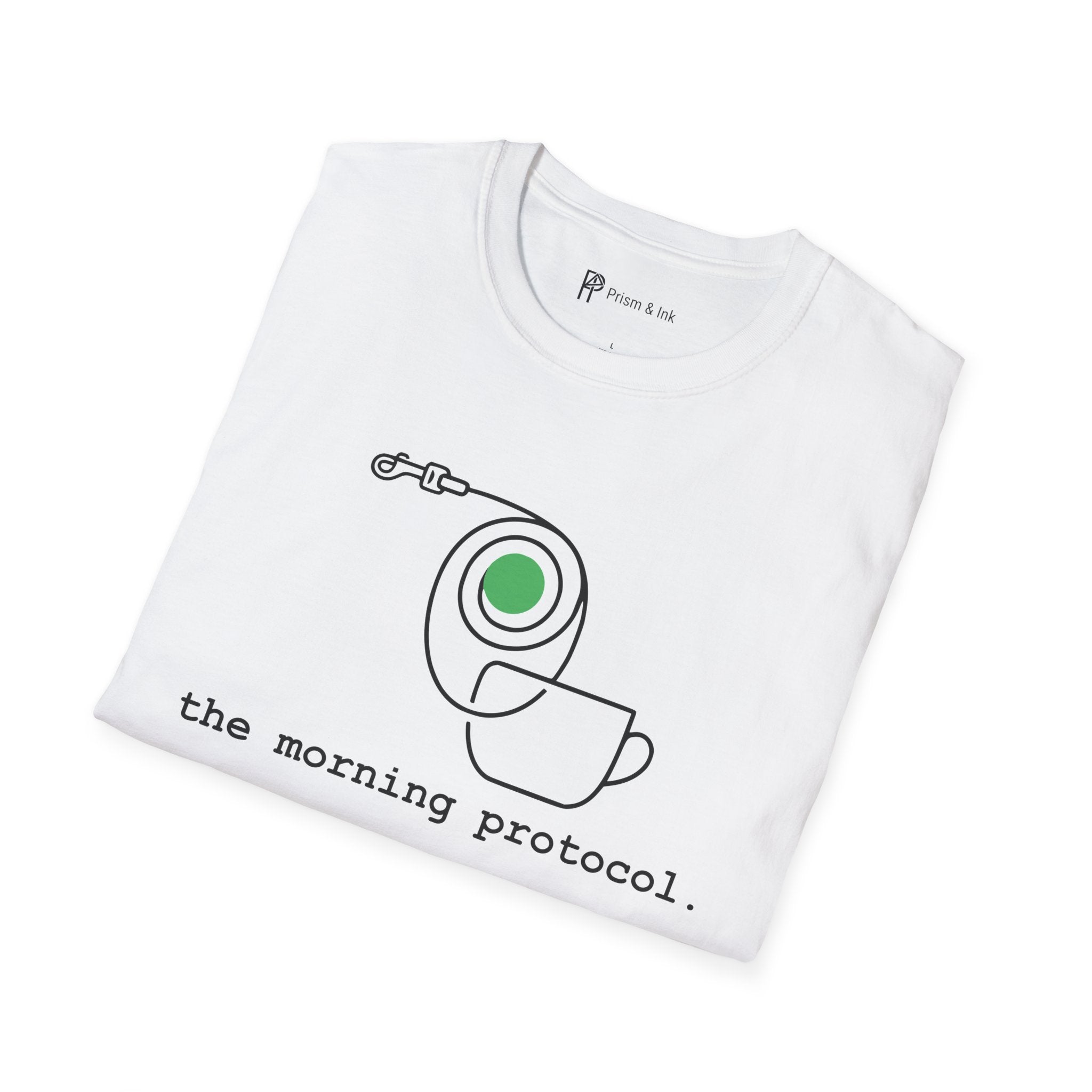 Morning Protocol T-Shirt — Minimalist Dog Leash & Coffee Cup Graphic