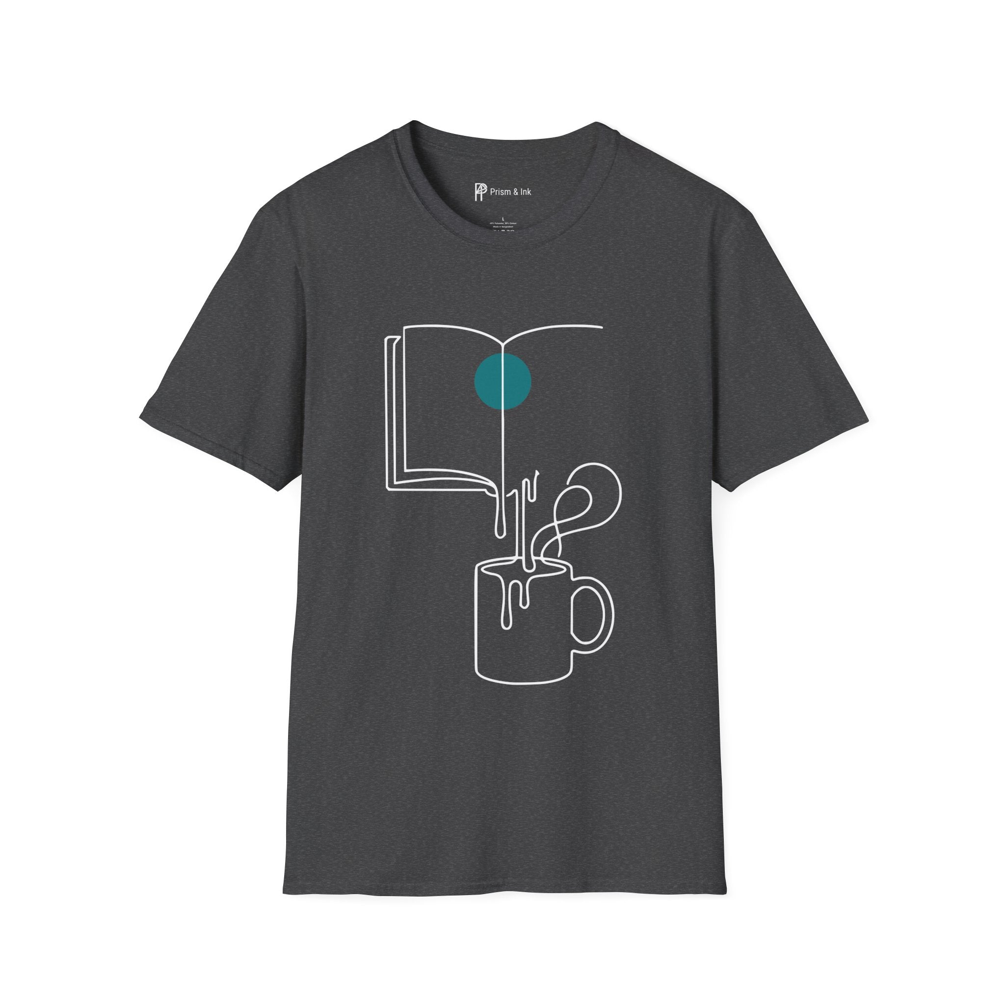Brewed Knowledge T-Shirt — Minimalist Book and Coffee Drip