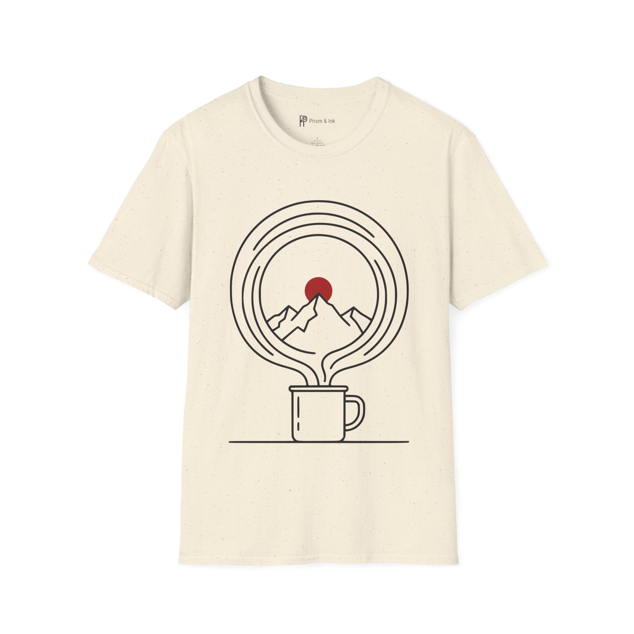 Mountain Horizon T-Shirt — Steaming Camp Mug and Snow Peaks