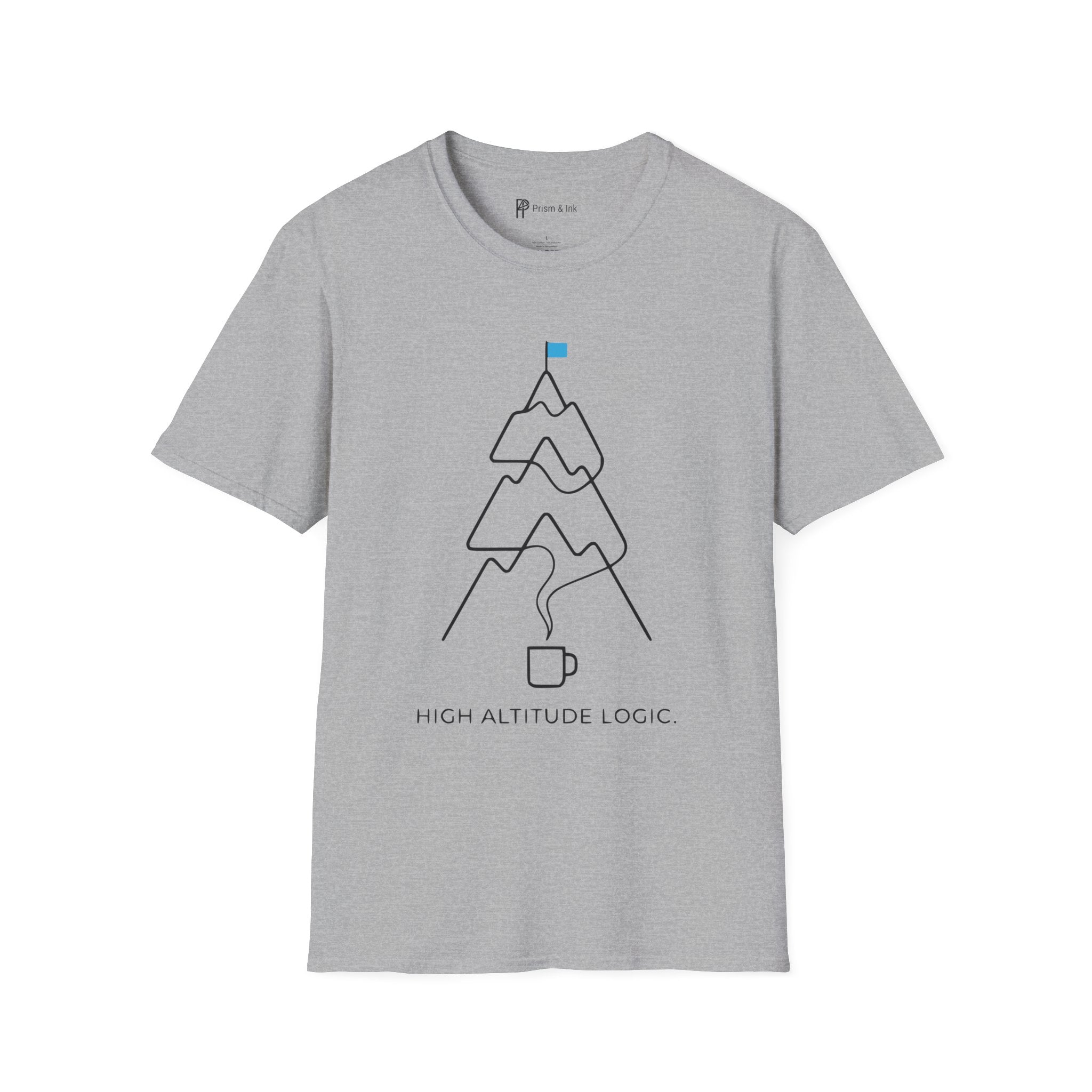 High Altitude Logic T-Shirt — Minimalist Coffee Steam & Mountain Peak Graphic