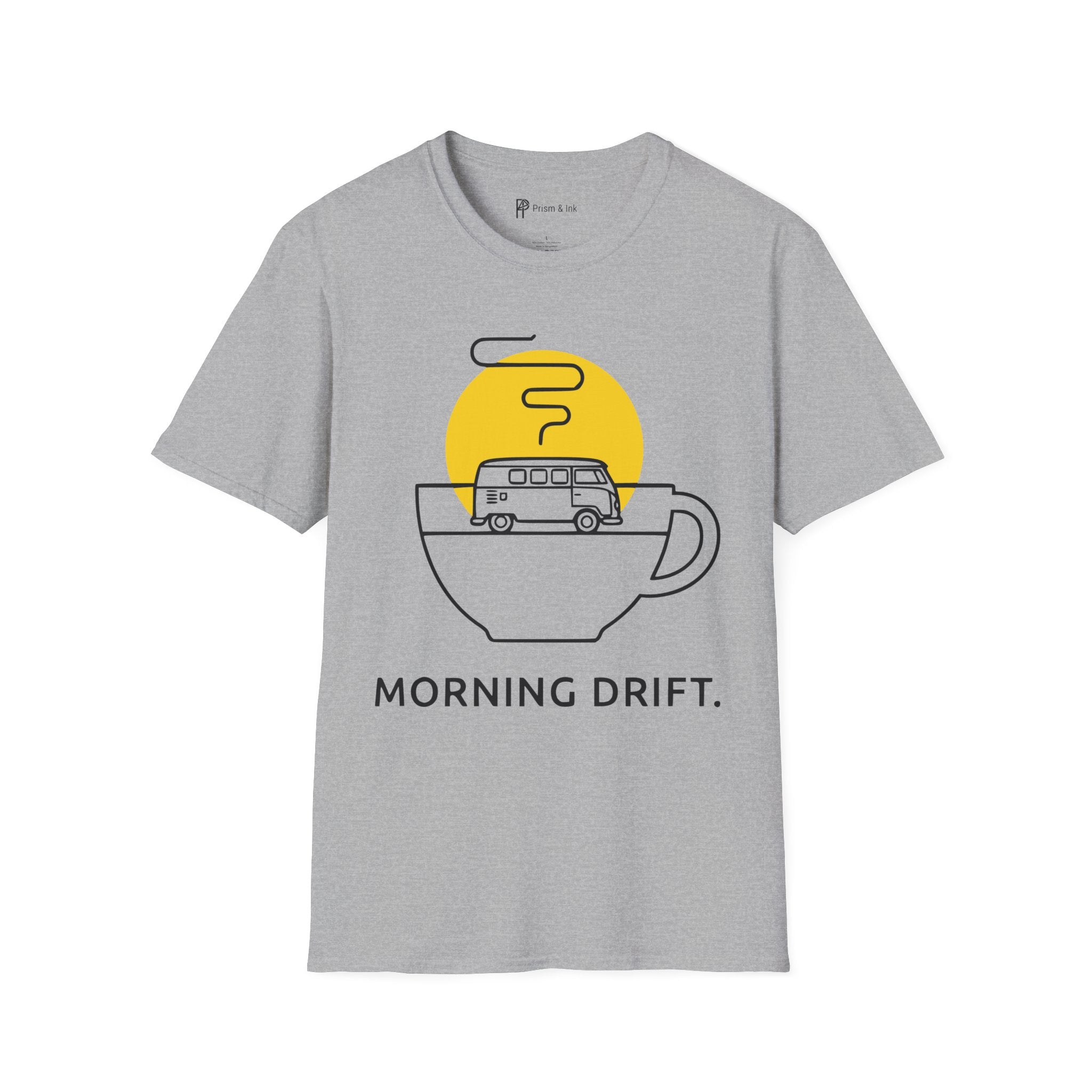 Morning Drift T-Shirt — Retro Camper Van and Coffee Cup