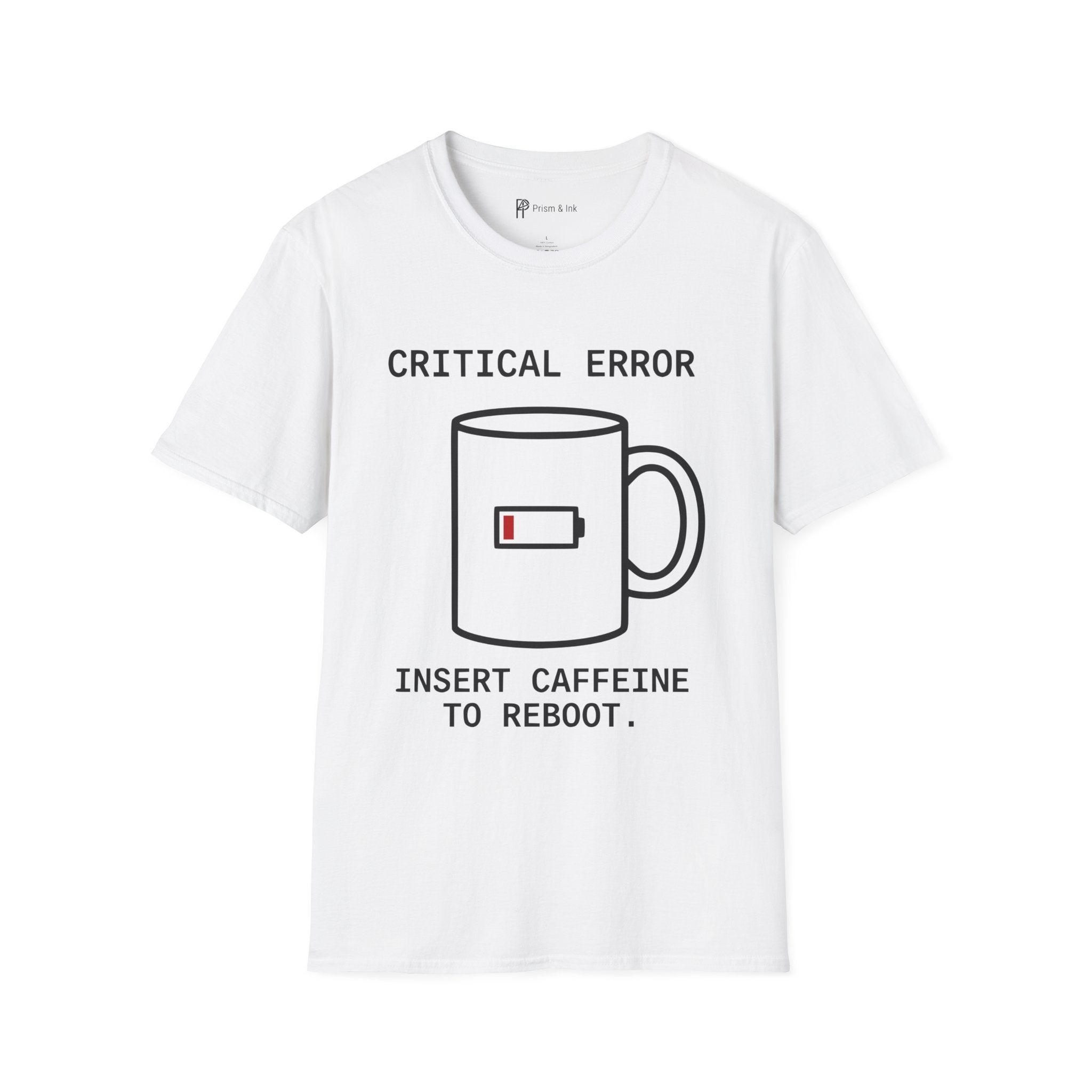 Critical Error Reboot T-Shirt — Funny Programmer Coffee & Low Battery Graphic