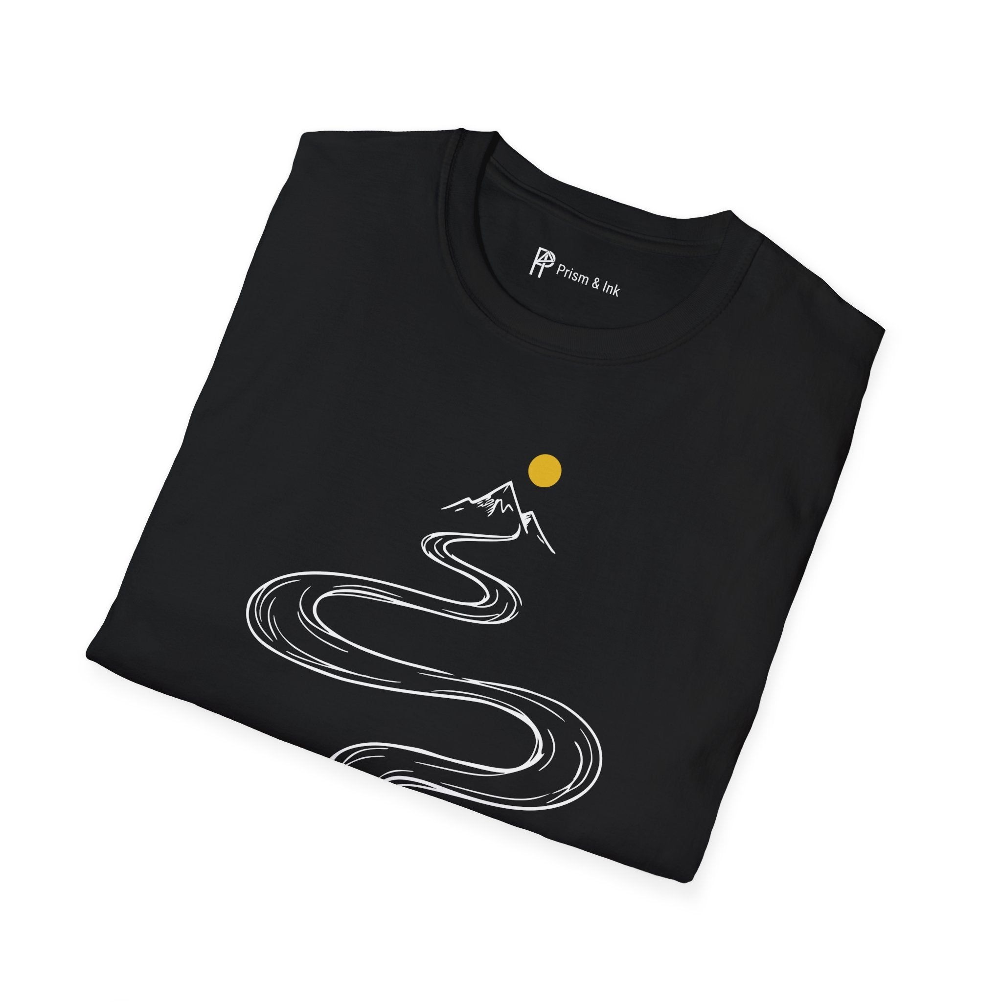 Summit Brew T-Shirt — Steaming Coffee Path and Mountain Peak