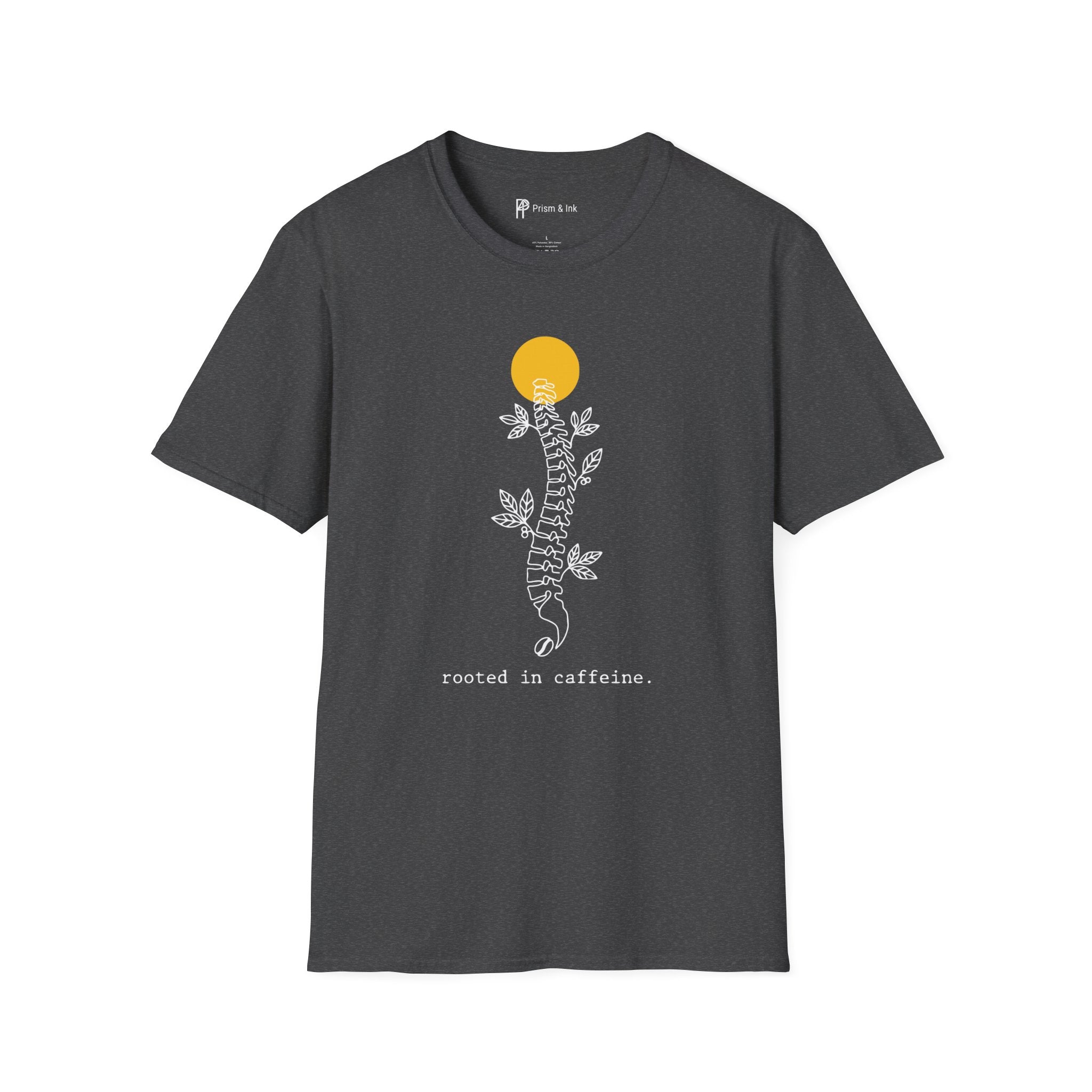 Rooted in Caffeine T-Shirt — Spinal Coffee Branch and Sun Graph