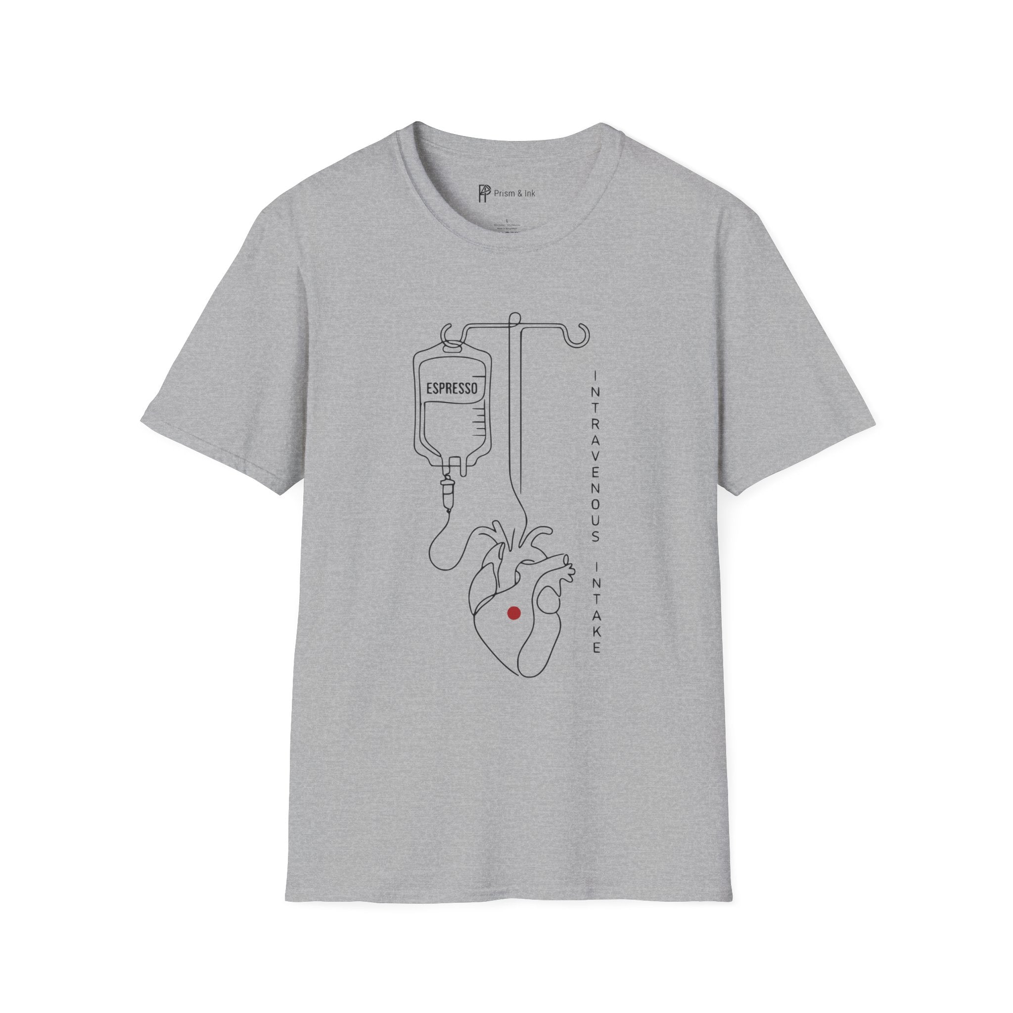 Intravenous Intake T-Shirt — Espresso IV and Heart Line Art