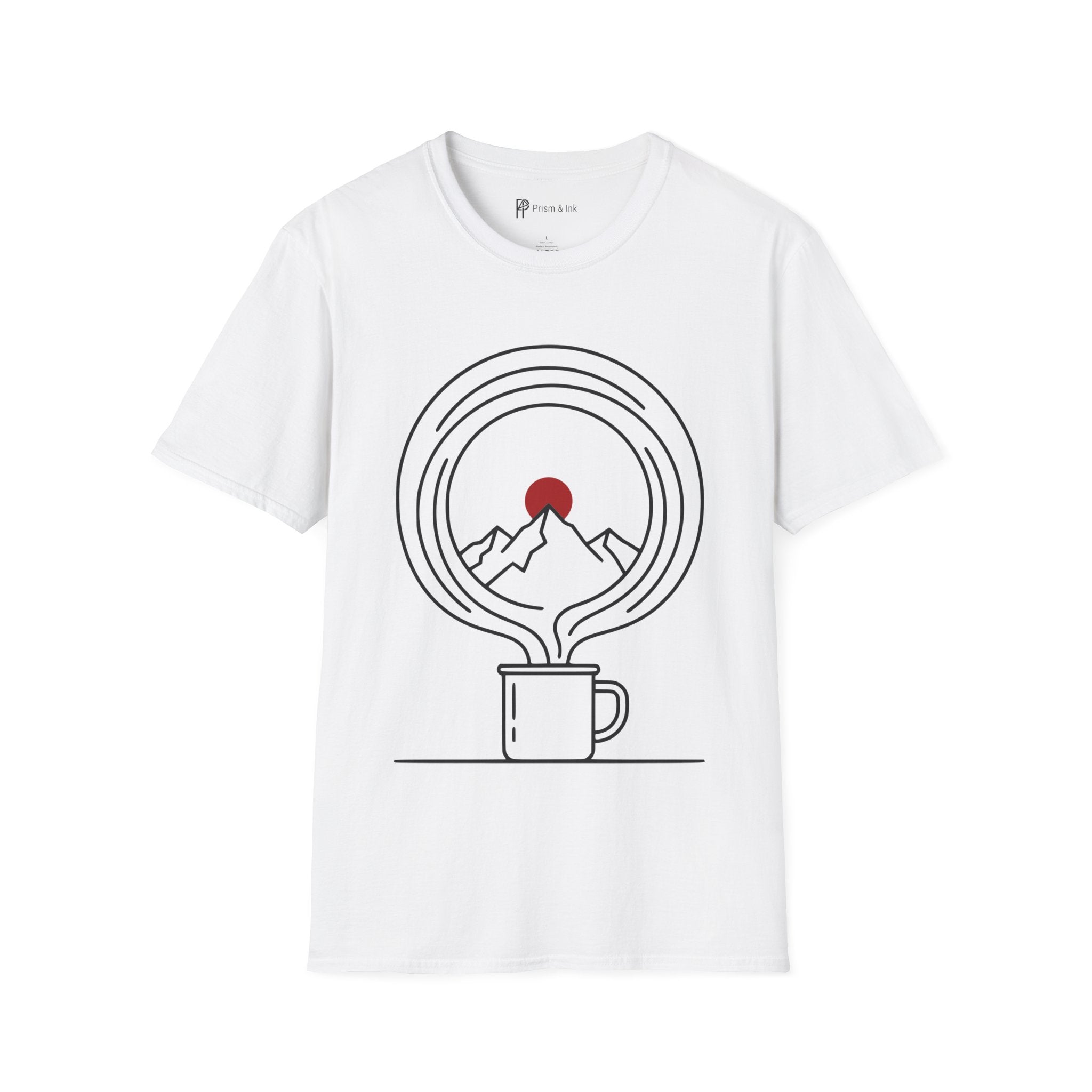 Mountain Horizon T-Shirt — Steaming Camp Mug and Snow Peaks