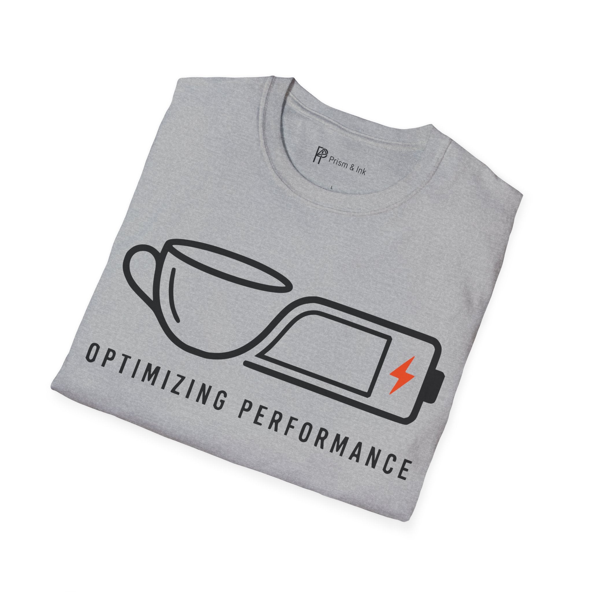 Optimizing Performance T-Shirt — Minimalist Coffee Cup & Battery Charge Graphic