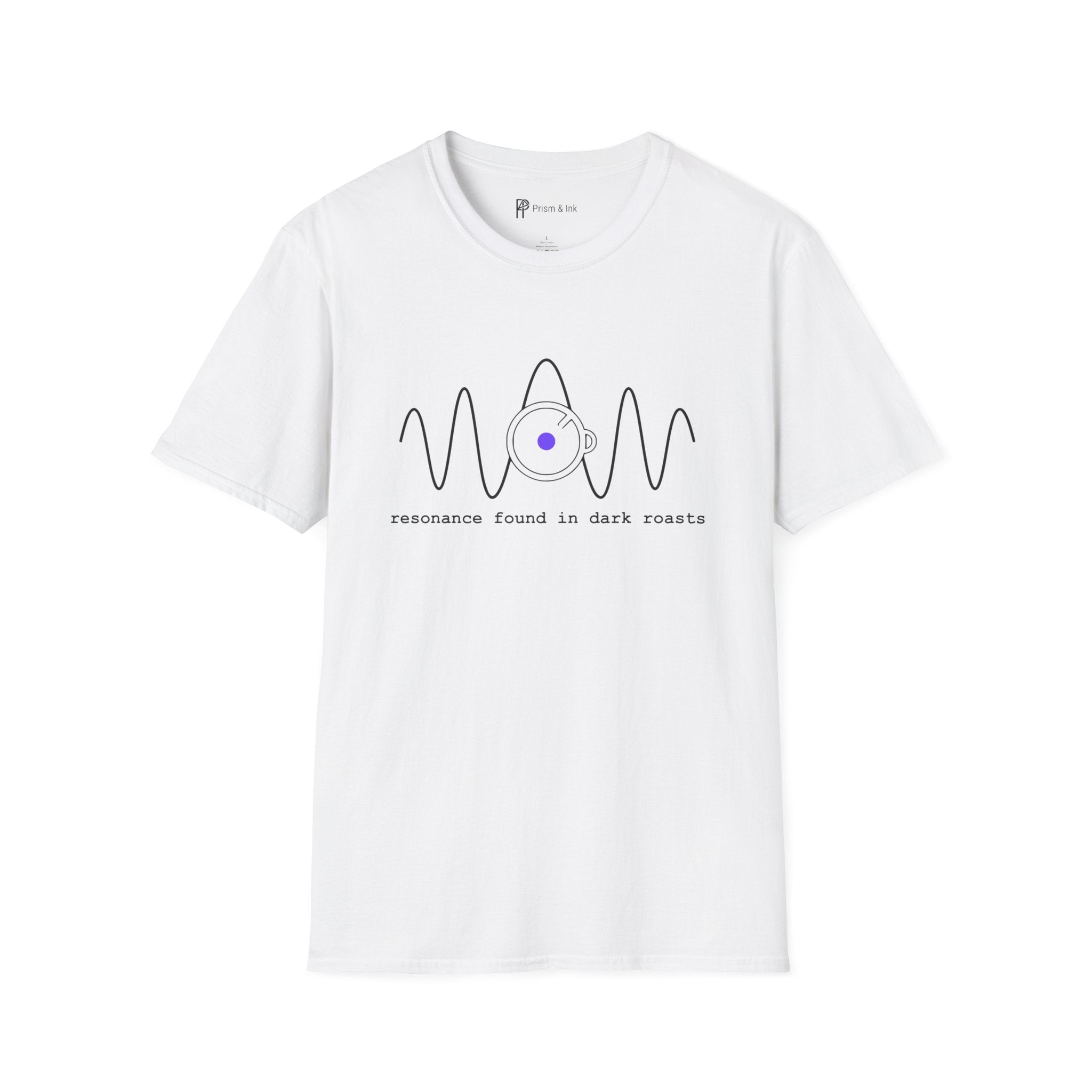 Dark Roast Resonance T-Shirt — Minimalist Audio Wave & Coffee Cup Art