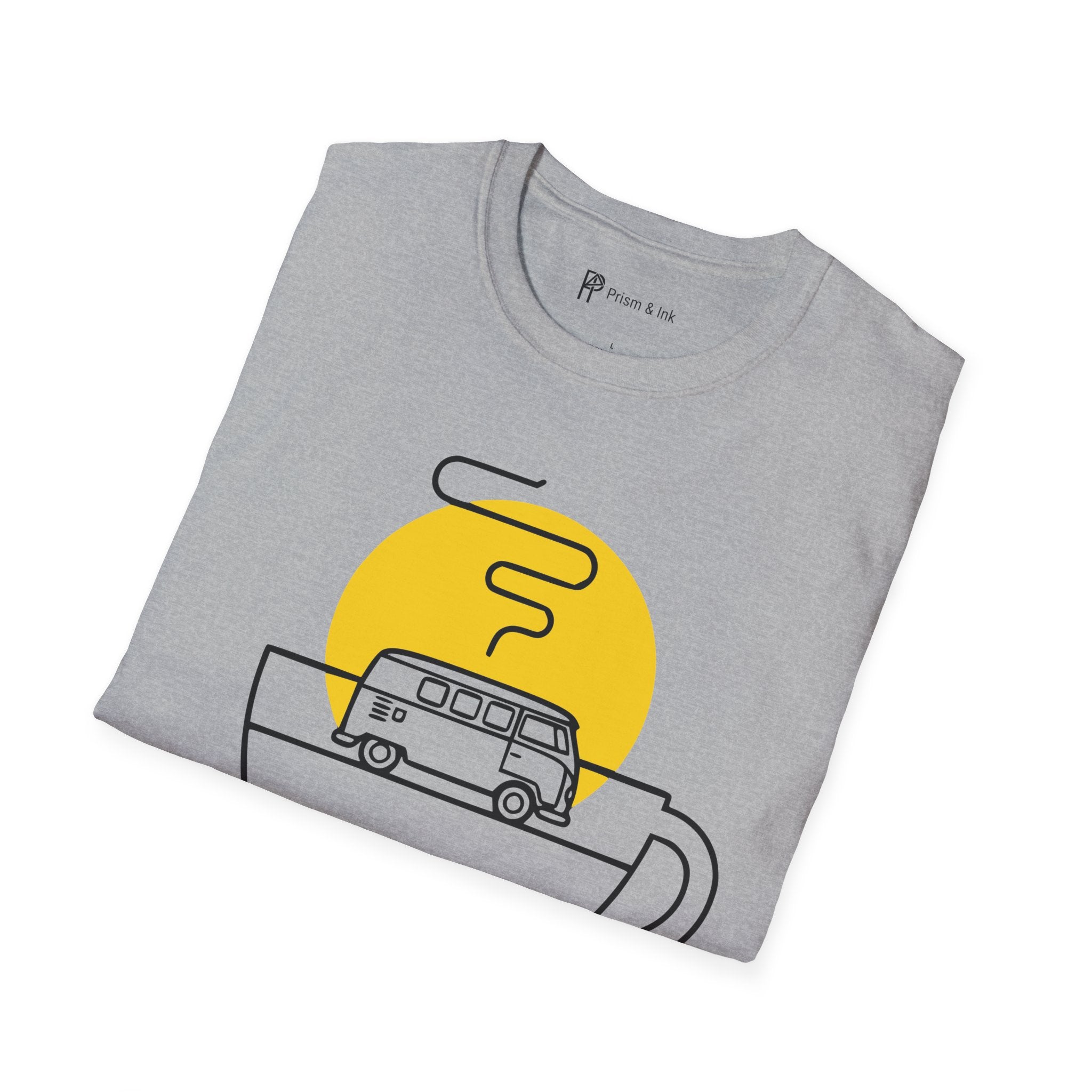 Morning Drift T-Shirt — Retro Camper Van and Coffee Cup