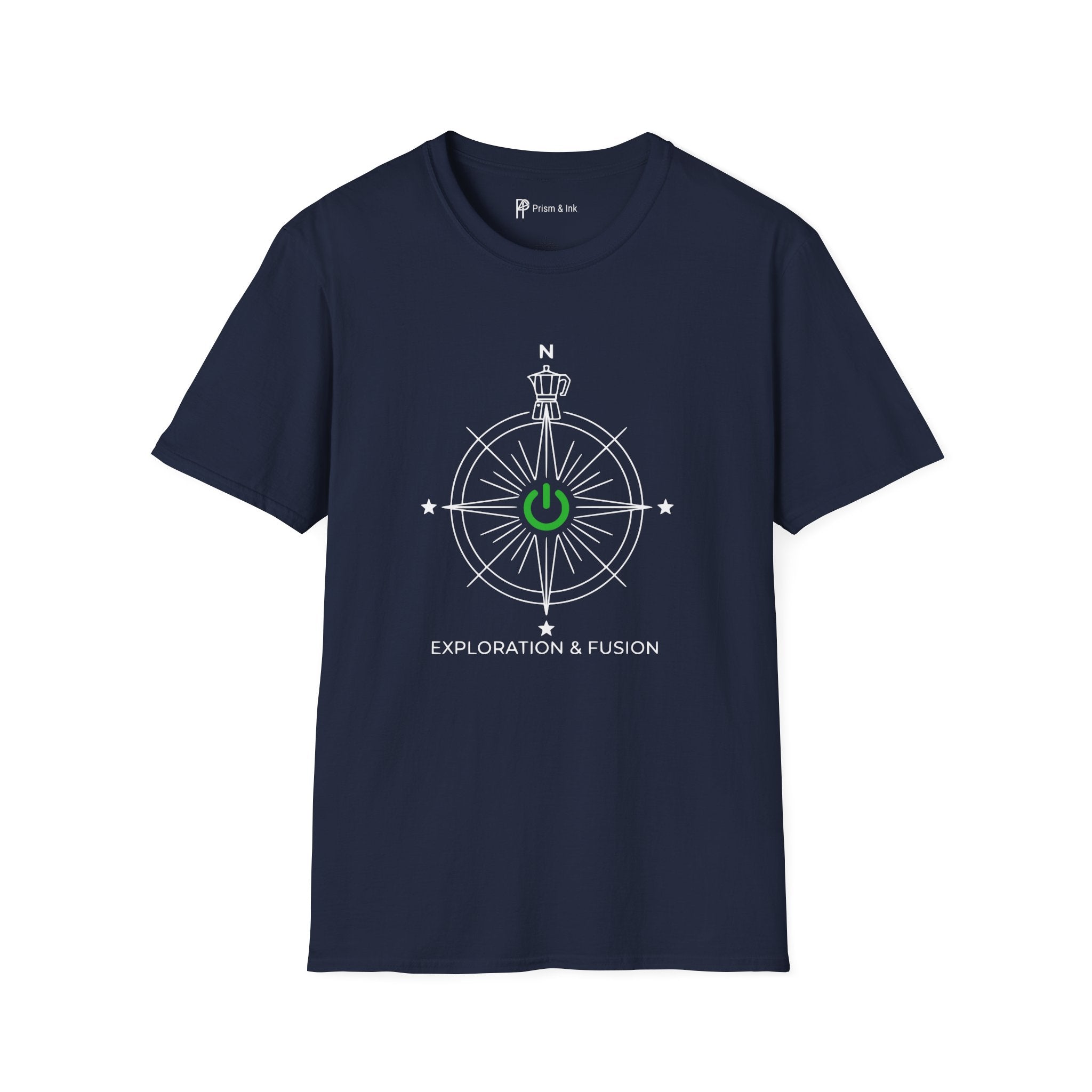 Exploration & Fusion T-Shirt — Minimalist Coffee Compass & Moka Pot Art