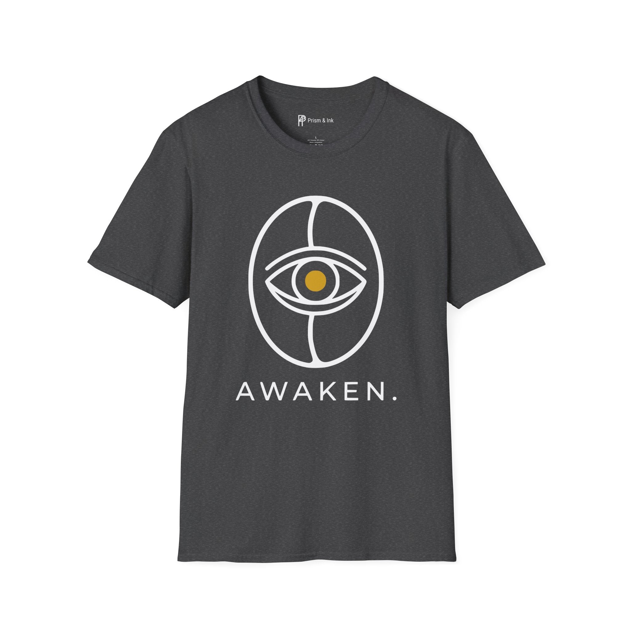 Awaken T-Shirt — Minimalist Coffee Bean and Eye Graphic