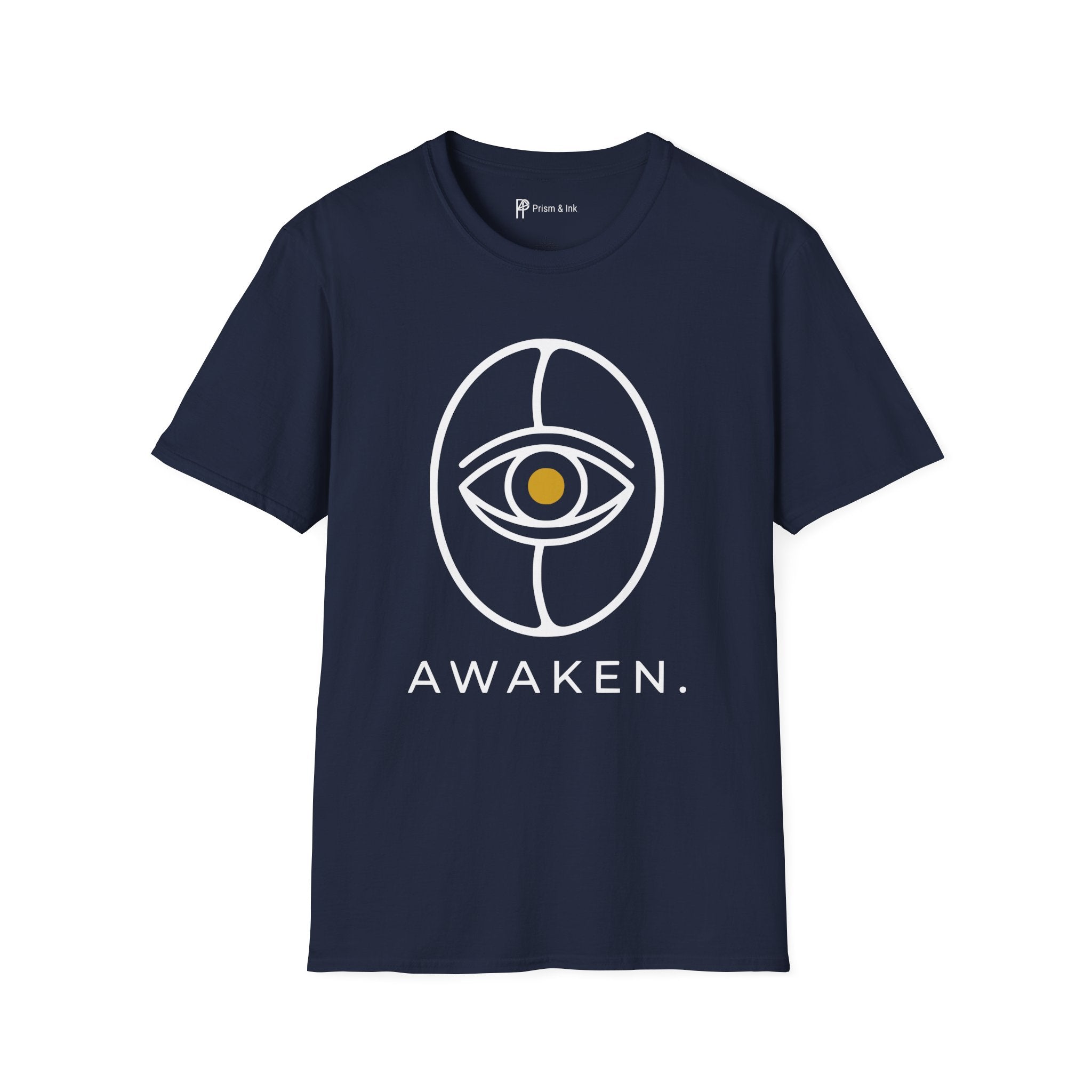 Awaken T-Shirt — Minimalist Coffee Bean and Eye Graphic