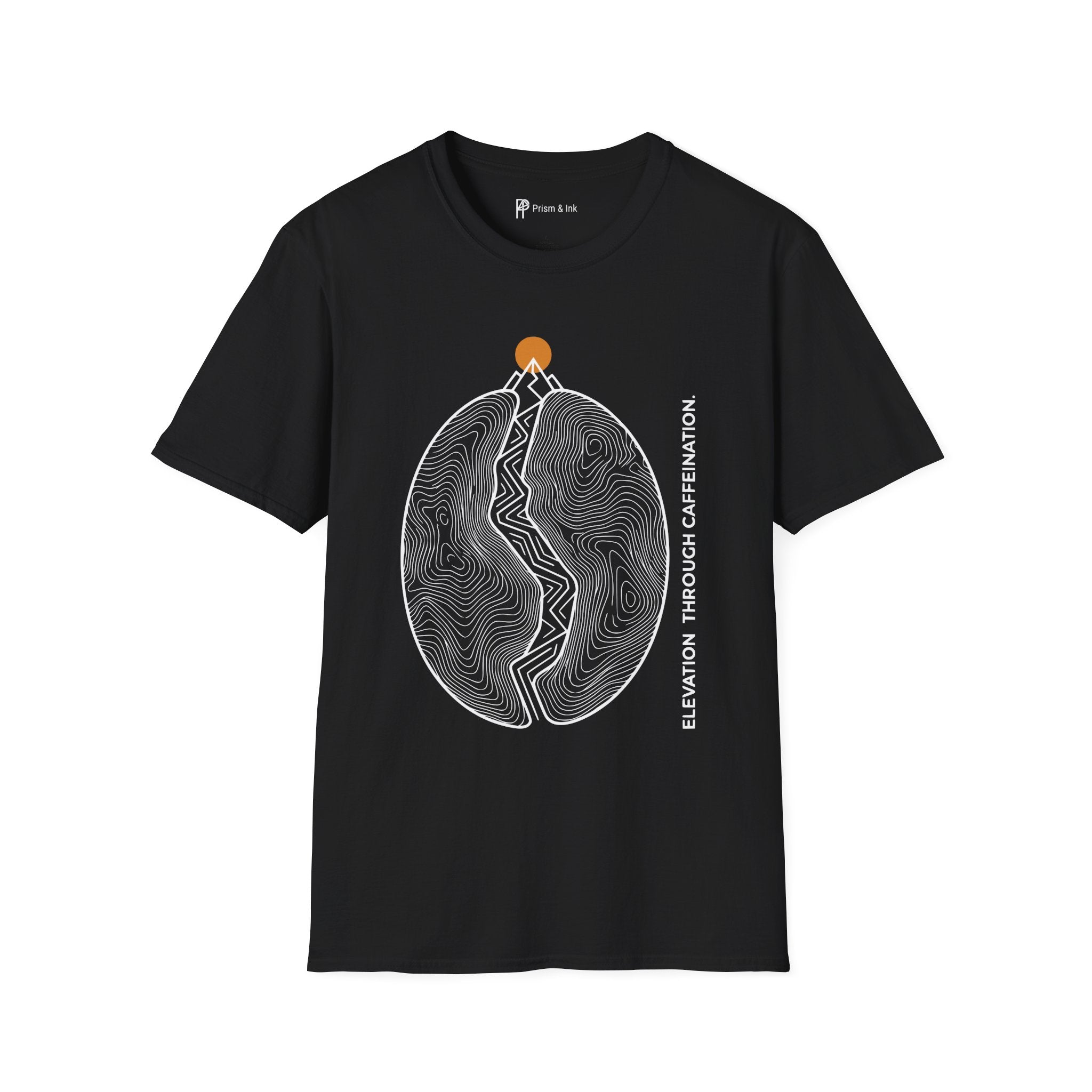 Caffeination Elevation T-Shirt — Topographic Bean and Mountain Peak