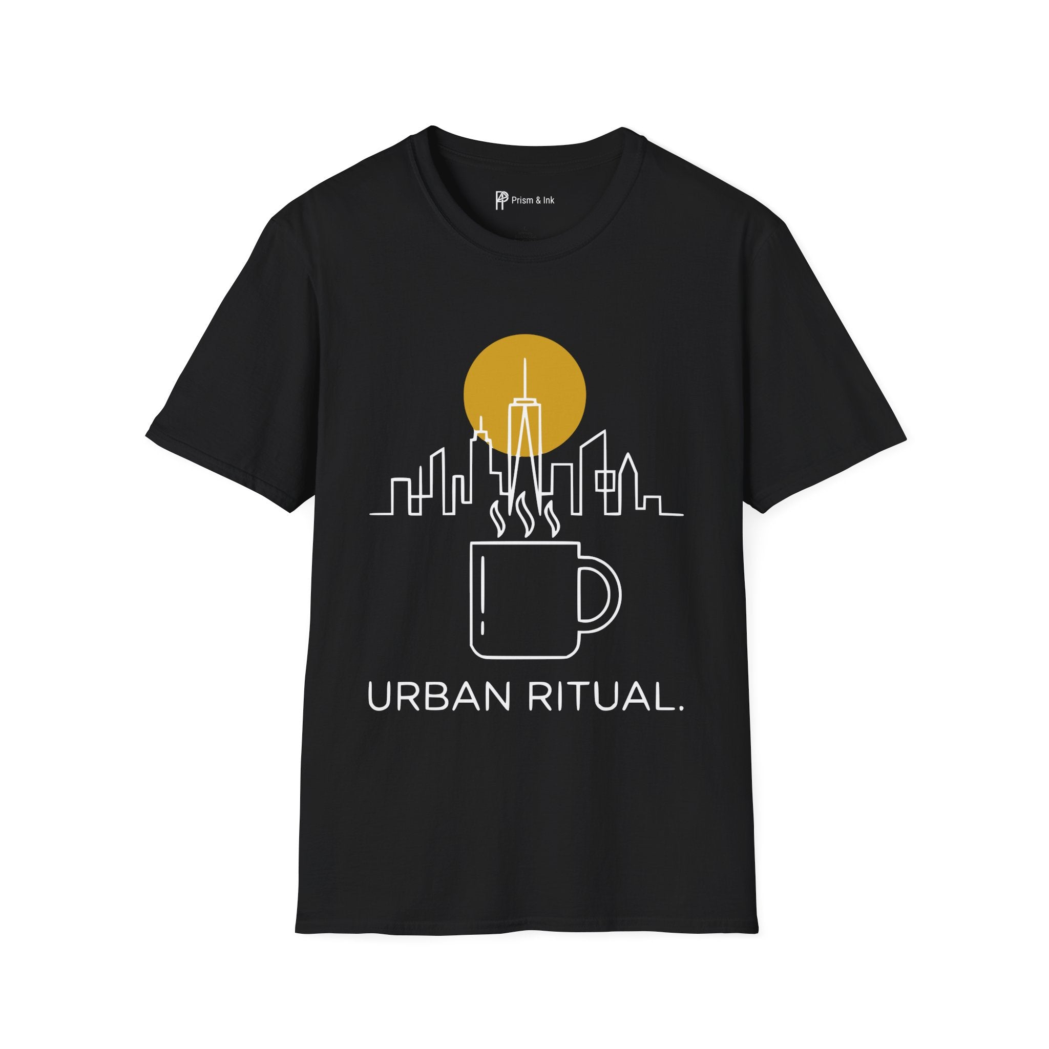 Urban Ritual T-Shirt — City Skyline Steam and Coffee Cup
