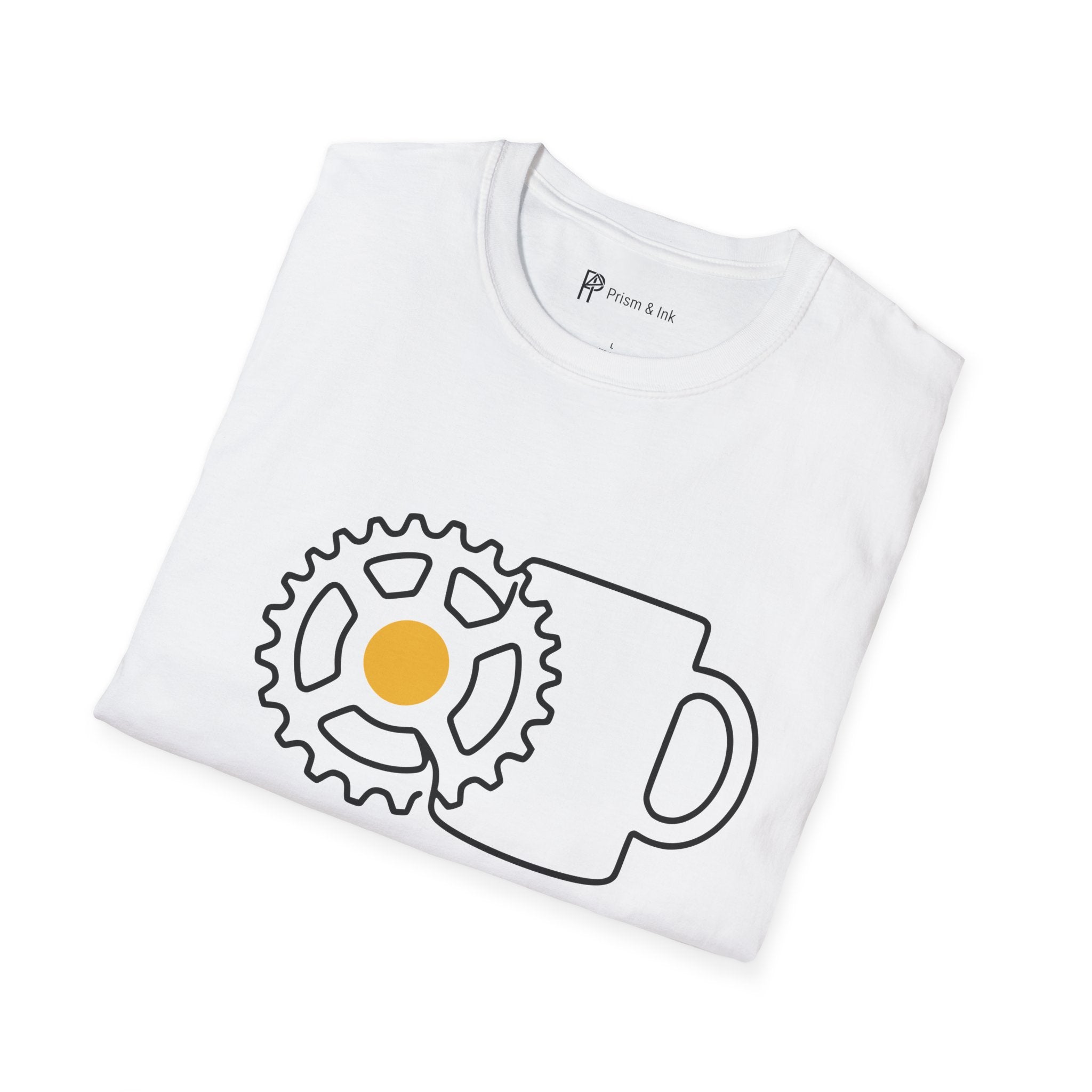 Shifting Gears T-Shirt — Minimalist Cycling Cog & Coffee Line Art