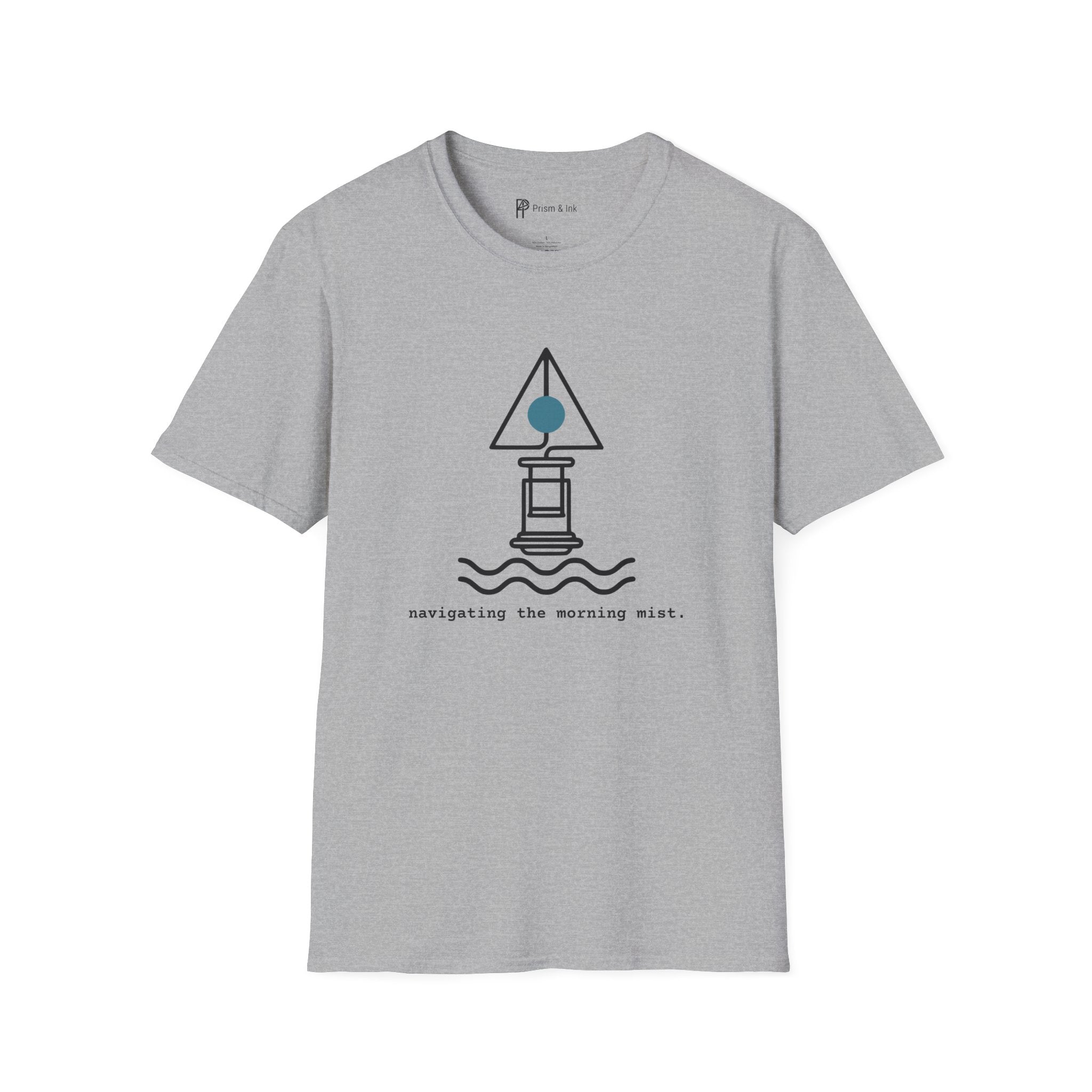 Navigating The Morning Mist T-Shirt — Minimalist Coffee Press & Maritime Buoy Art
