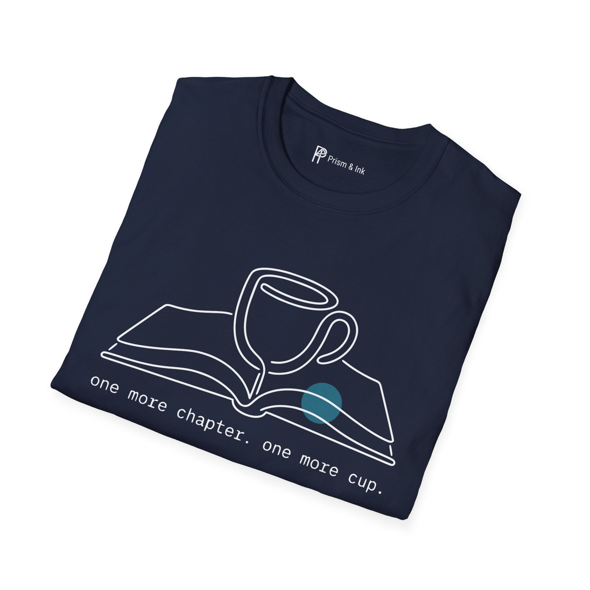 One More Chapter T-Shirt — Minimalist Book & Coffee Ritual Art