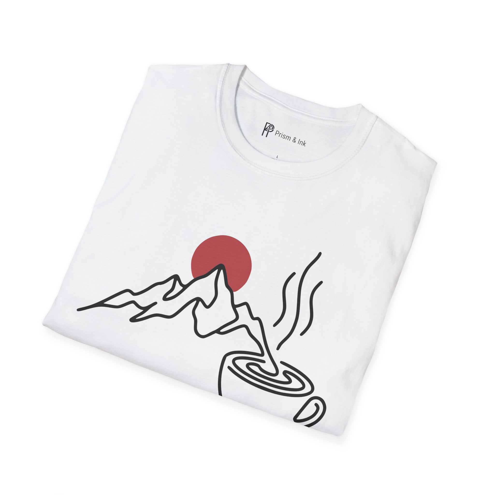 Trail Starts After Coffee T-Shirt — Minimalist Mountain & First Cup Graphic