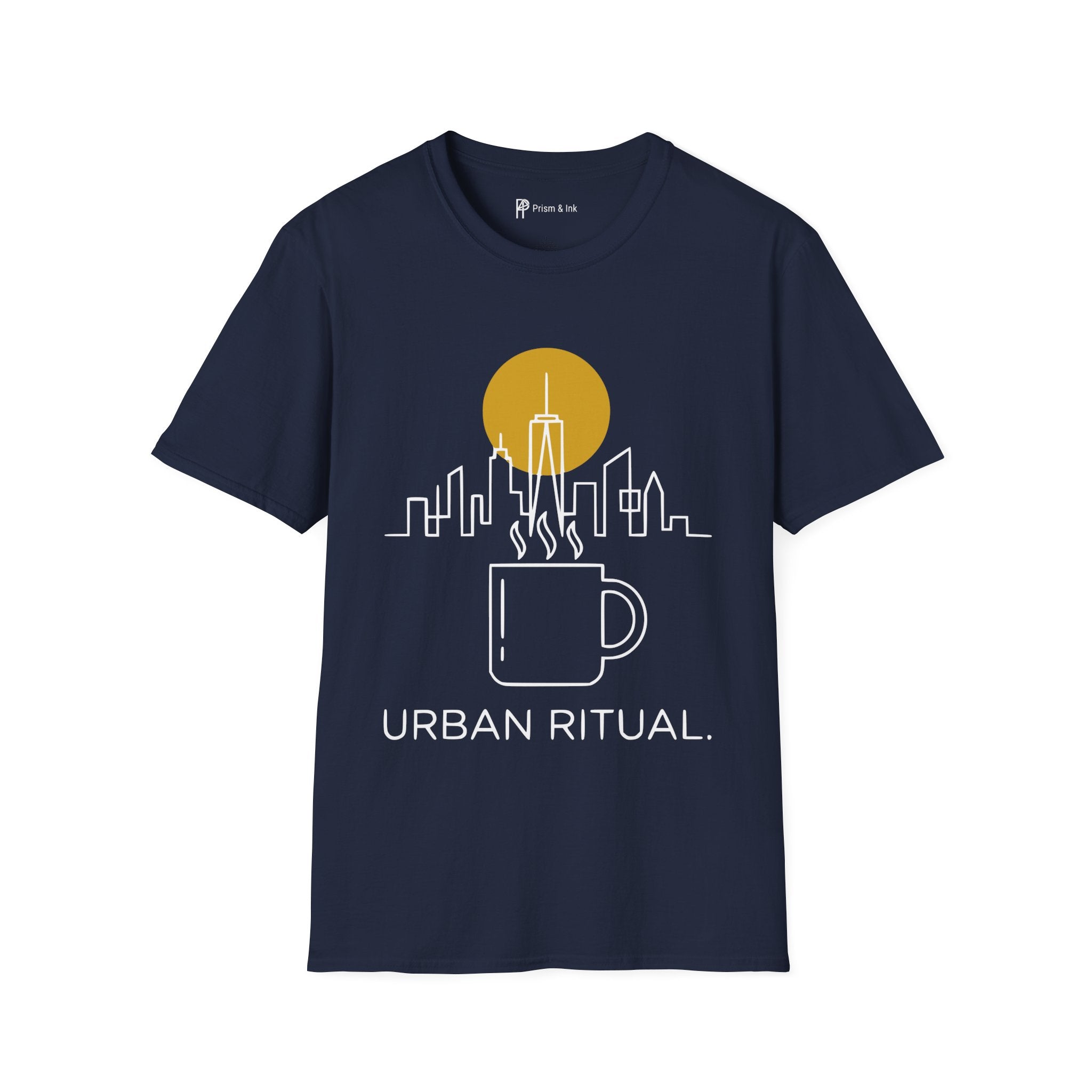 Urban Ritual T-Shirt — City Skyline Steam and Coffee Cup