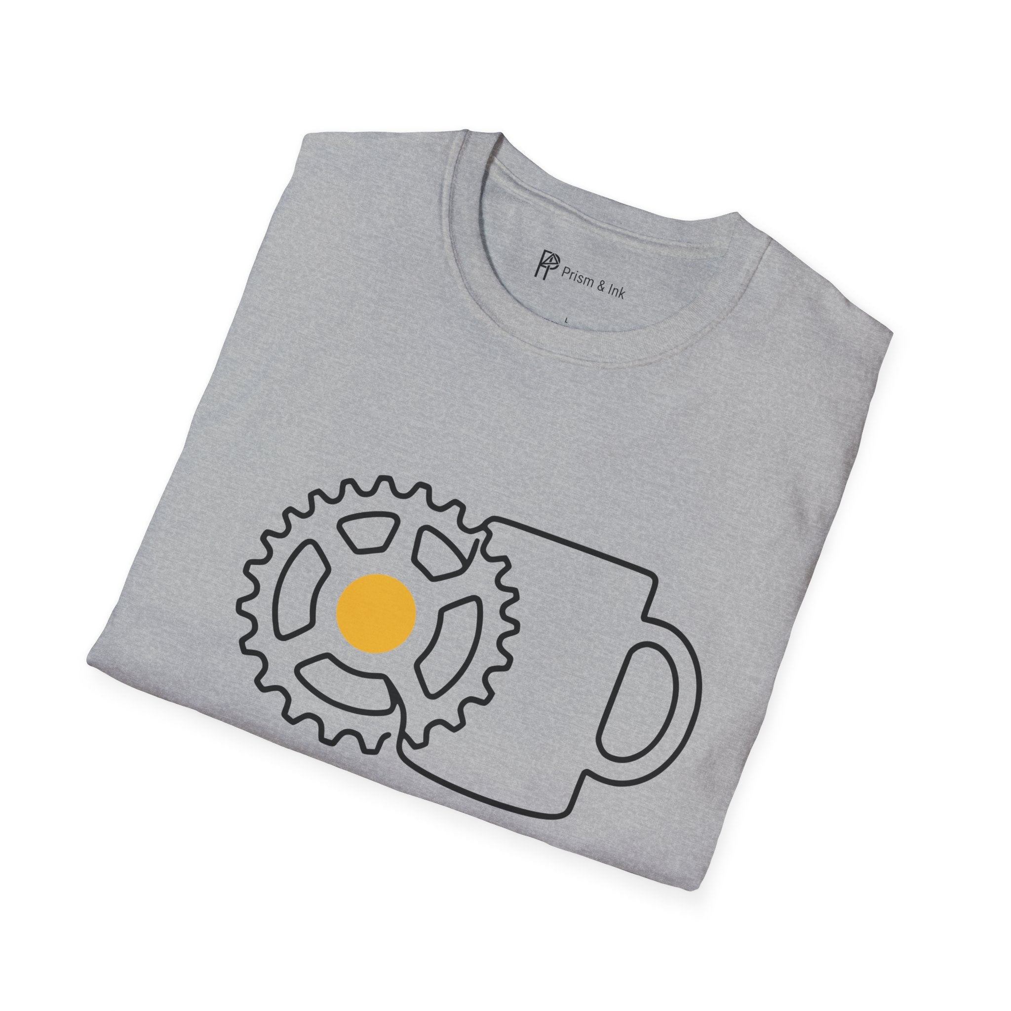 Shifting Gears T-Shirt — Minimalist Cycling Cog & Coffee Line Art