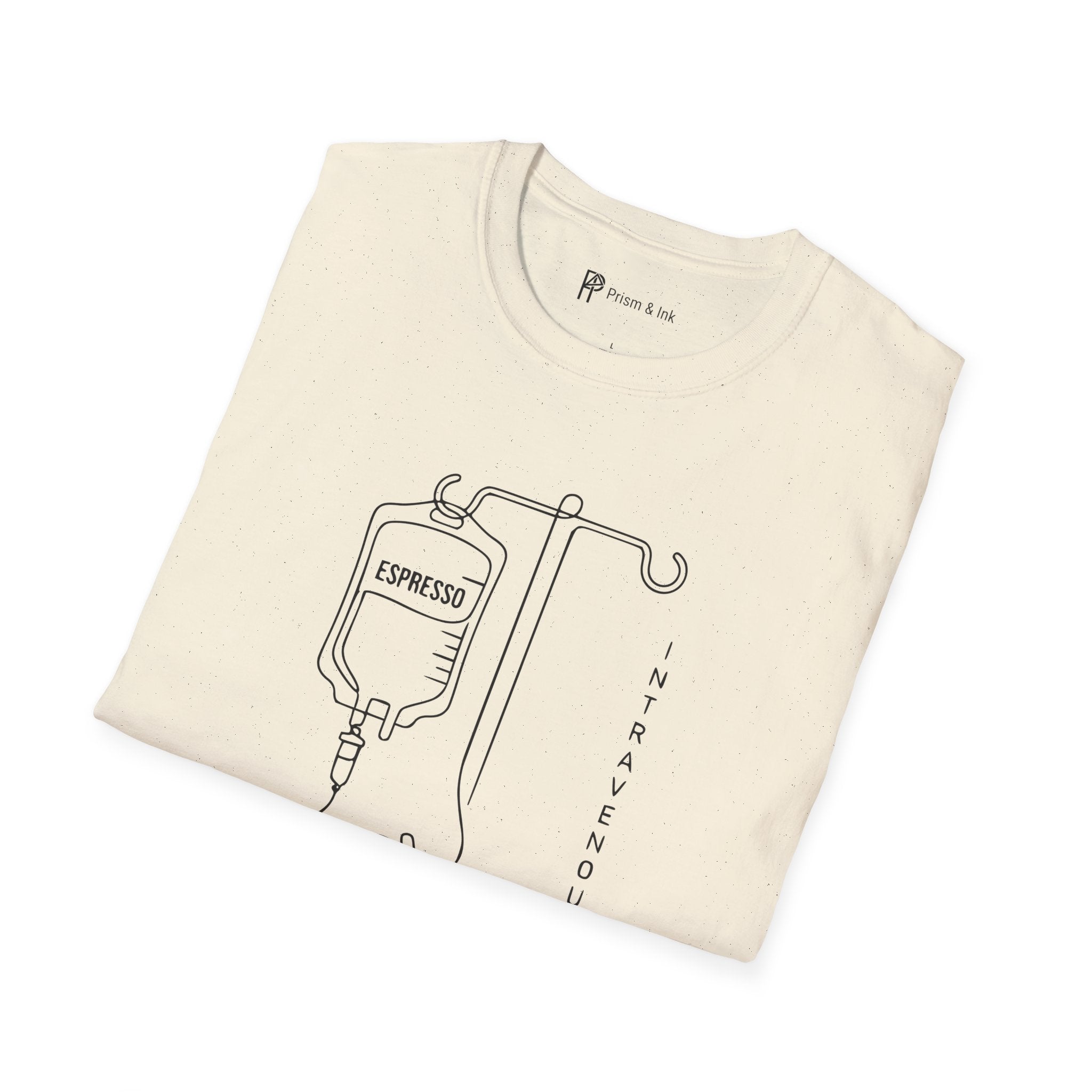 Intravenous Intake T-Shirt — Espresso IV and Heart Line Art