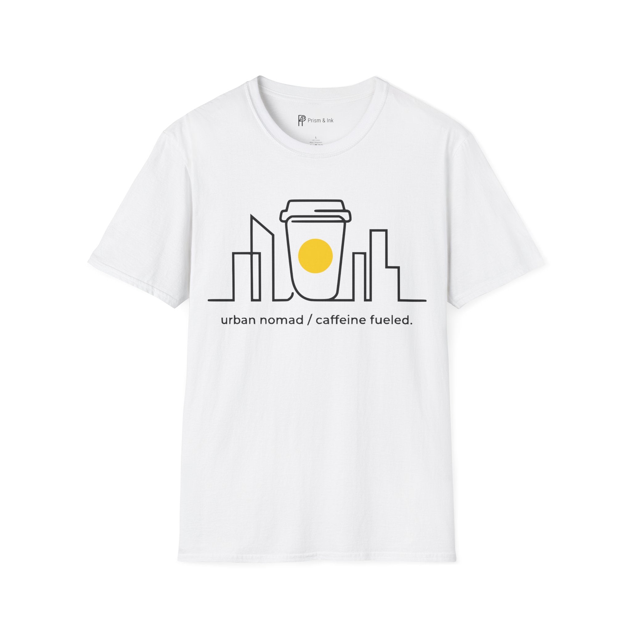 Urban Nomad T-Shirt — City Skyline and Caffeine Fuel