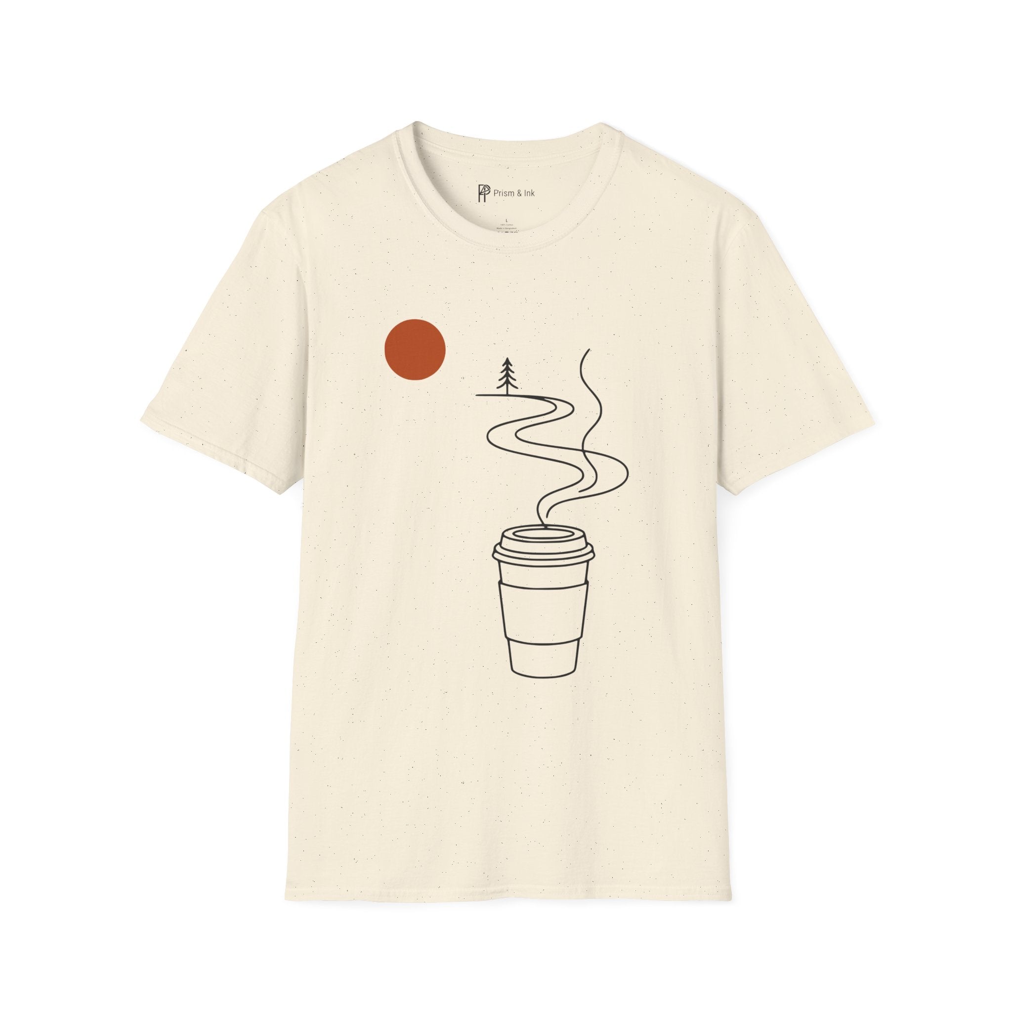 Escape in a Cup T-Shirt — Takeaway Coffee Steam and Mountain Path