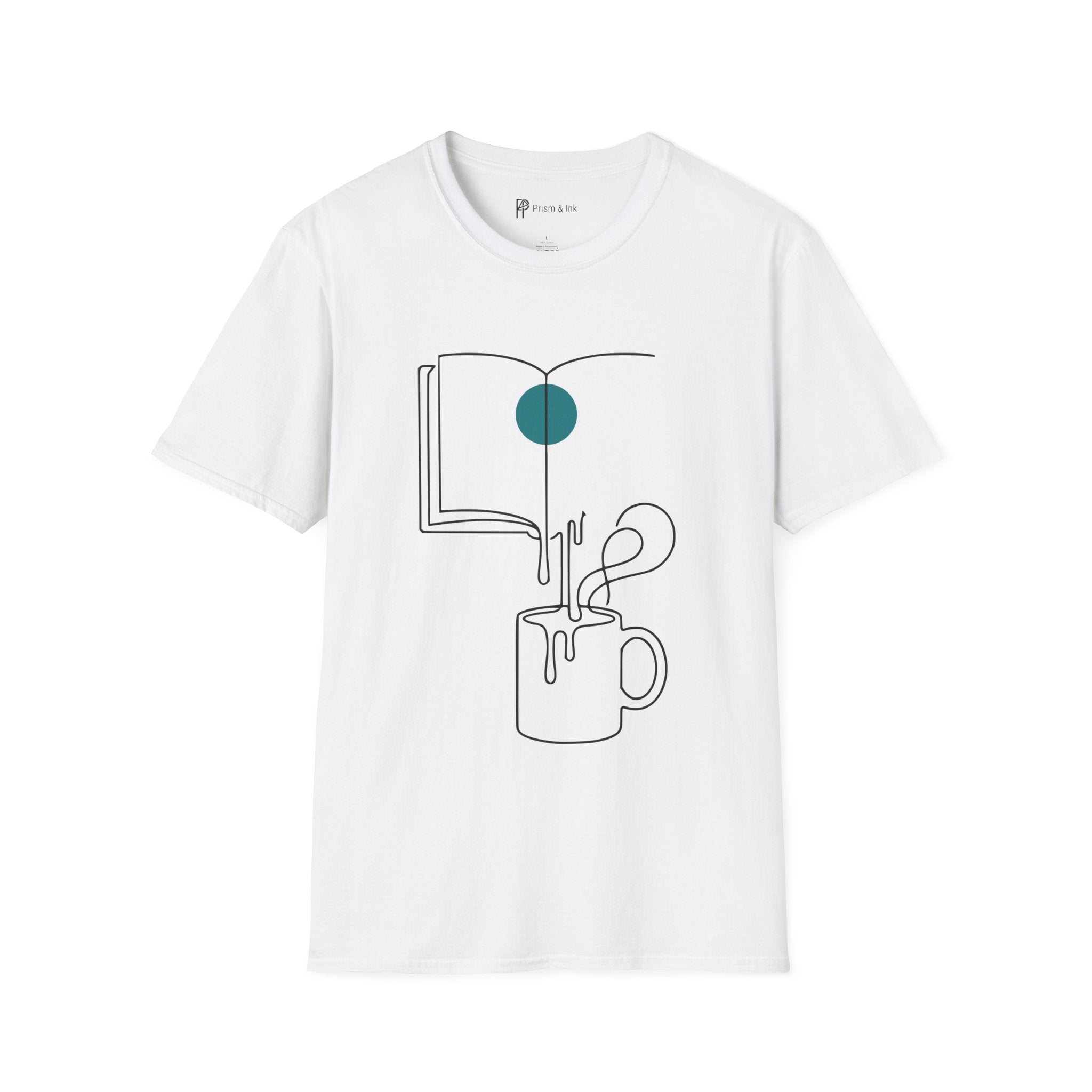 Brewed Knowledge T-Shirt — Minimalist Book and Coffee Drip