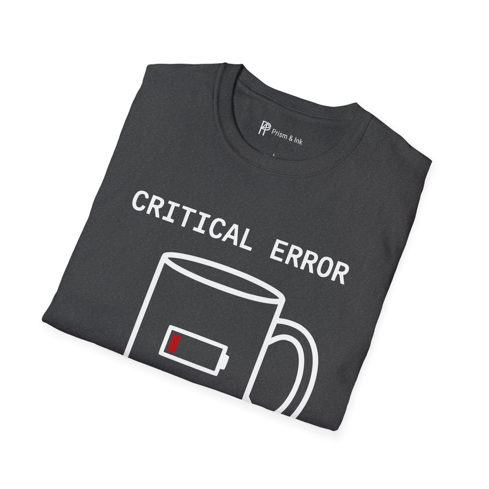 Critical Error Reboot T-Shirt — Funny Programmer Coffee & Low Battery Graphic