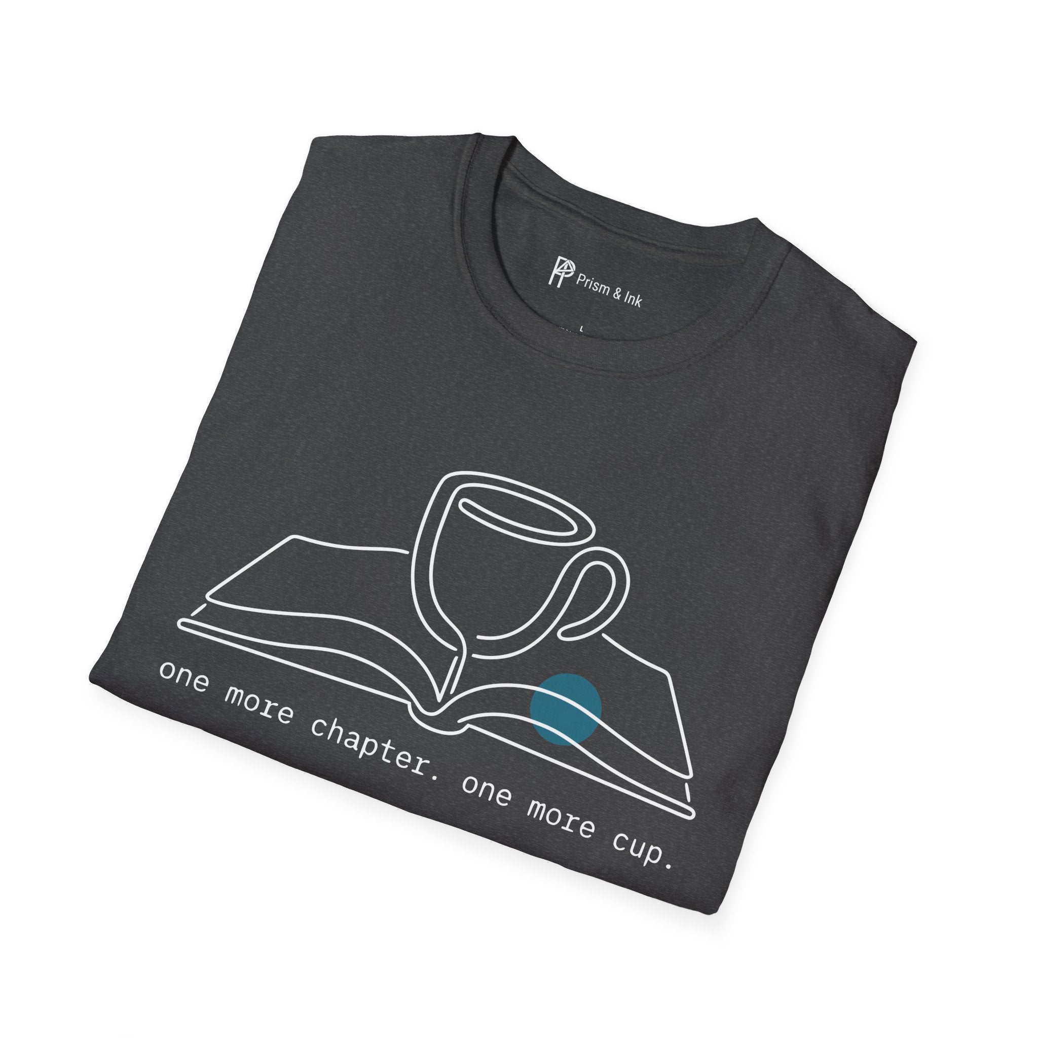 One More Chapter T-Shirt — Minimalist Book & Coffee Ritual Art
