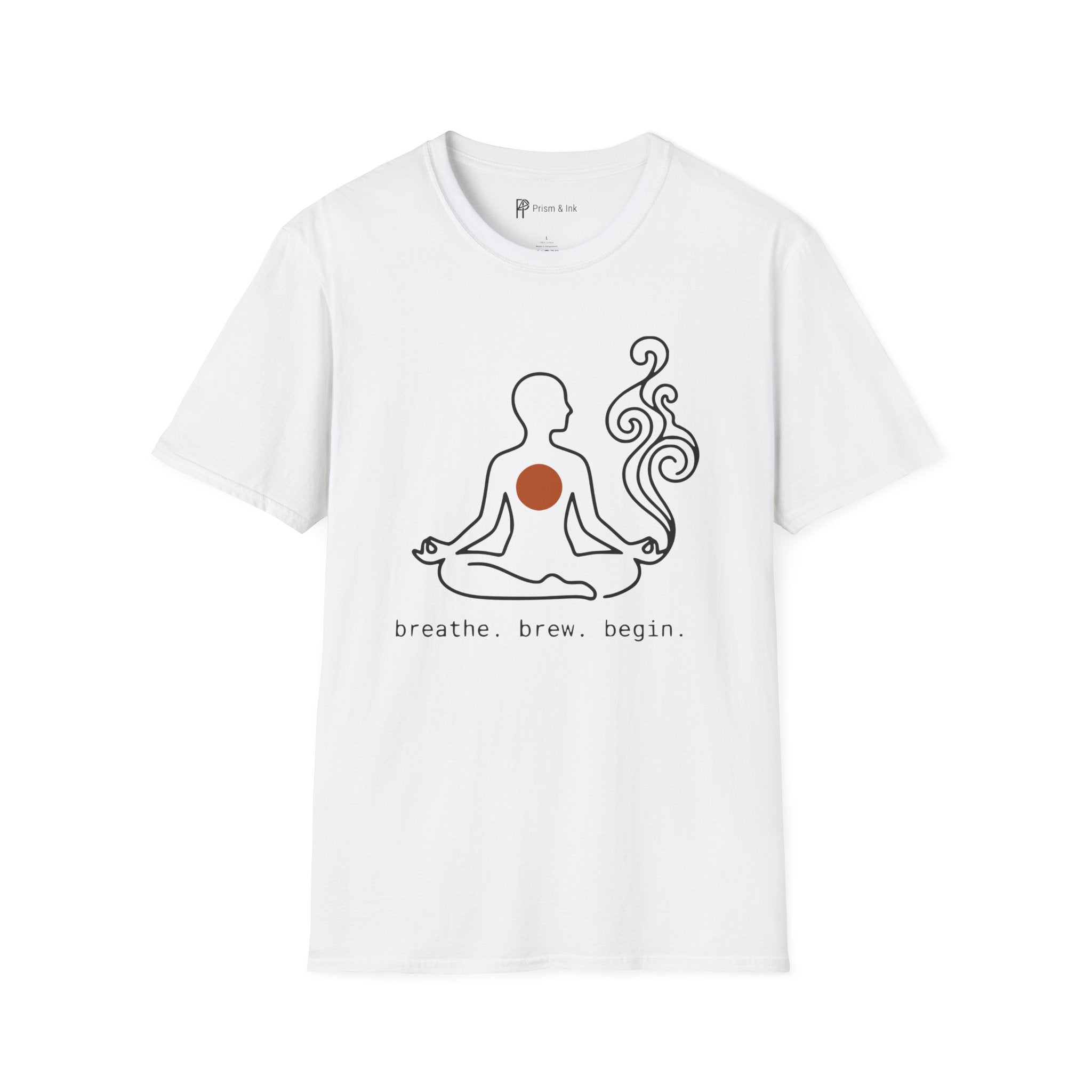 Breathe, Brew, Begin T-Shirt — Minimalist Zen Meditation & Coffee Art