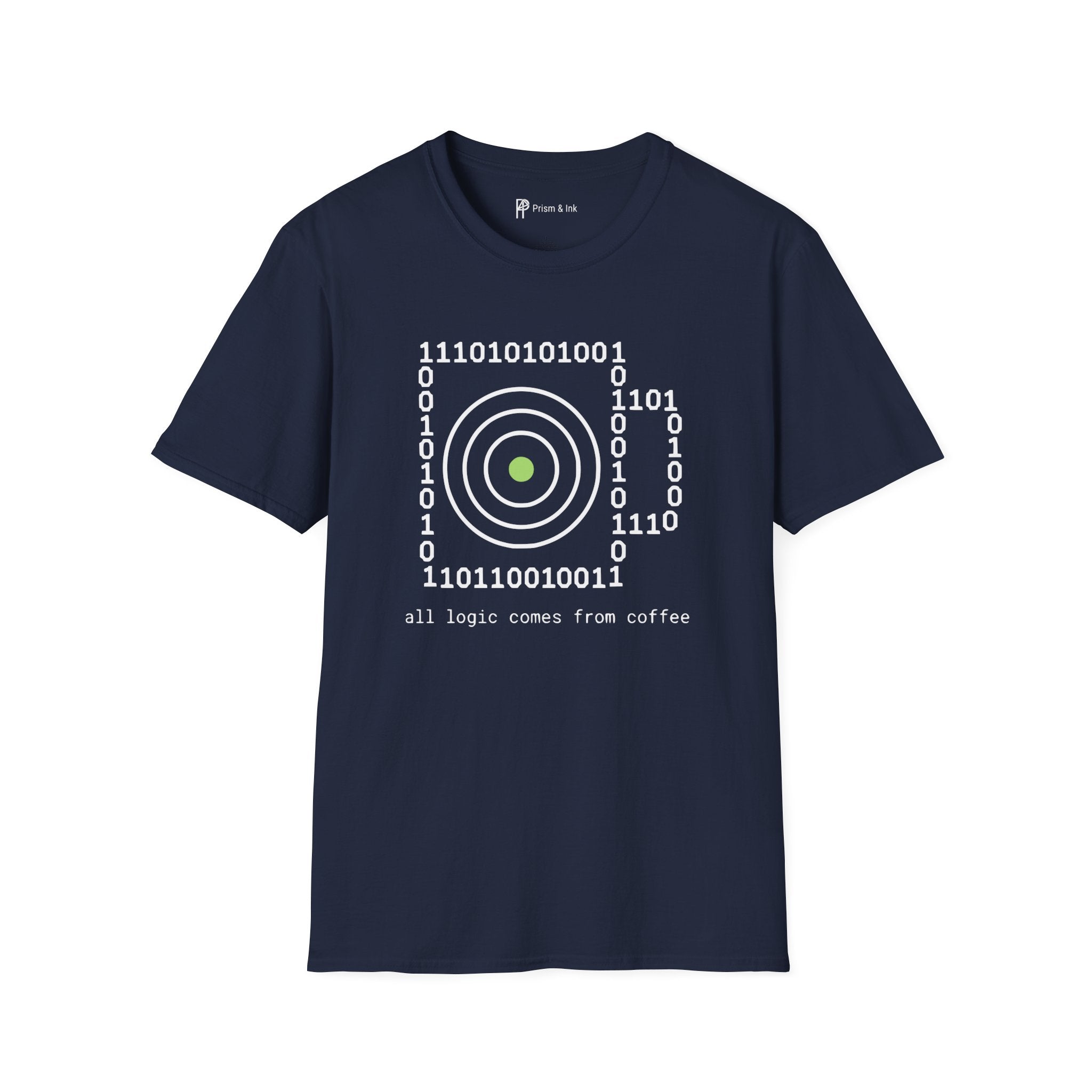 Binary Code Target T-Shirt — "All Logic Comes From Coffee" Geek T-Shirt