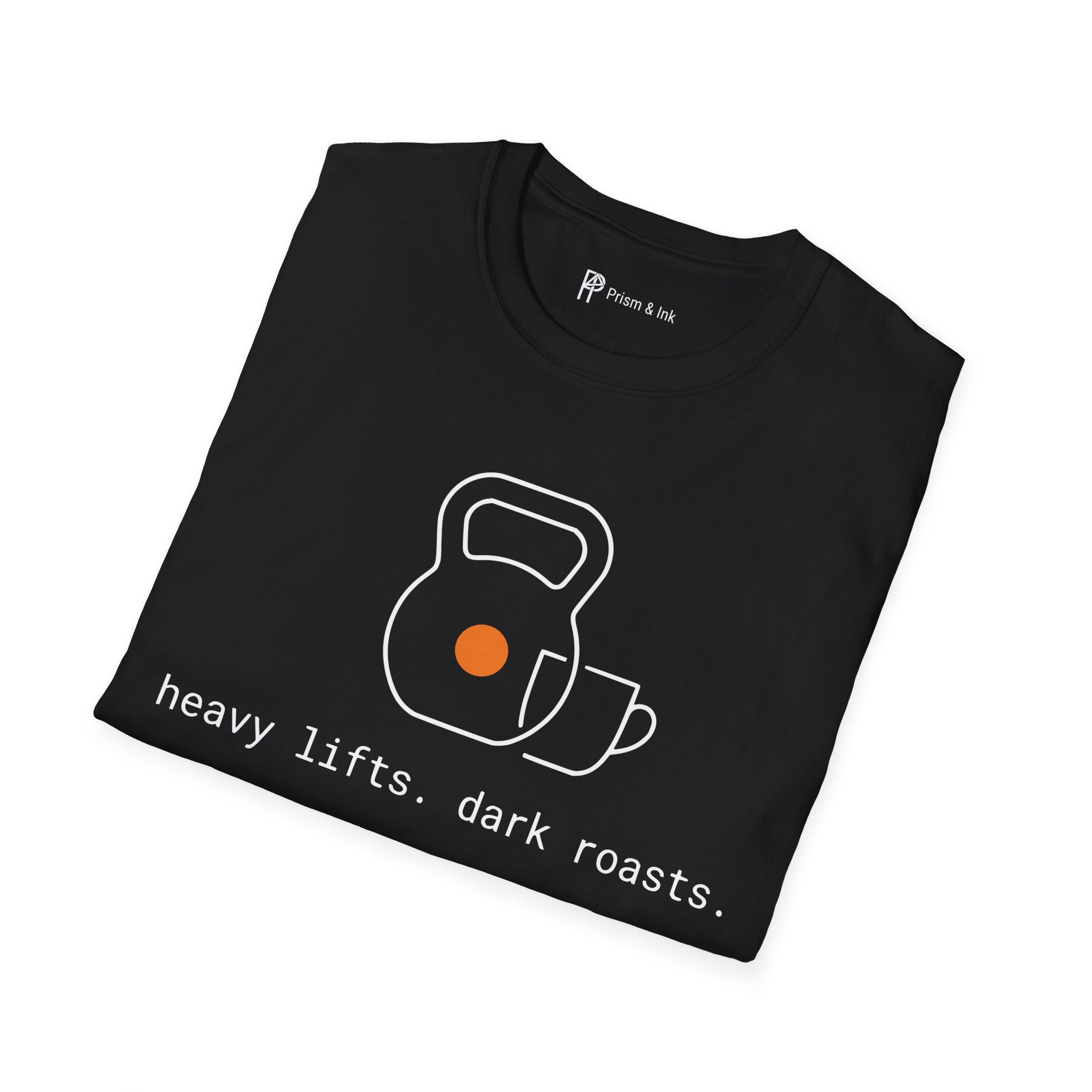 Heavy Lifts & Dark Roasts T-Shirt — Minimalist Kettlebell & Coffee Line Art