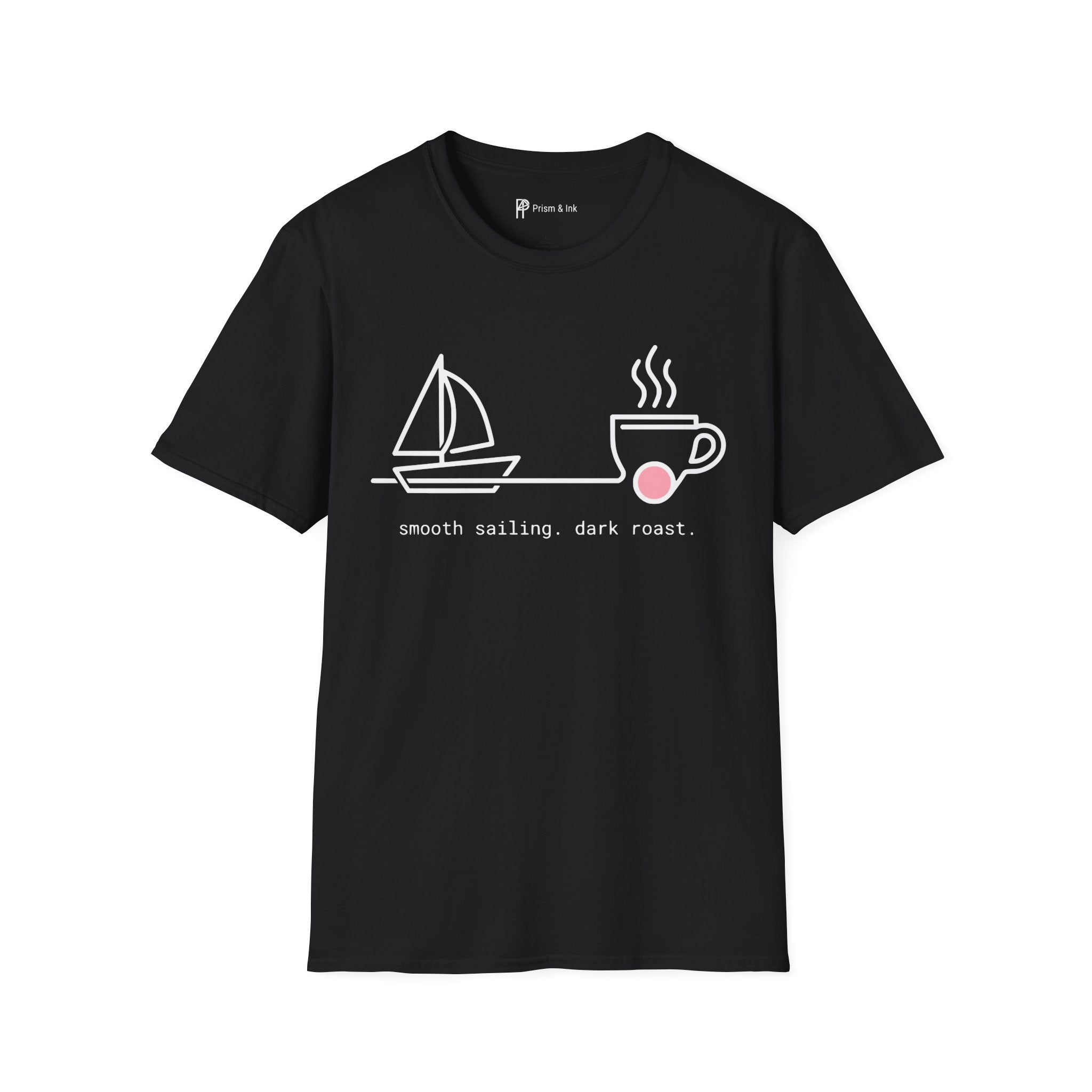 Smooth Sailing Dark Roast T-Shirt — Minimalist Sailboat & Coffee Cup