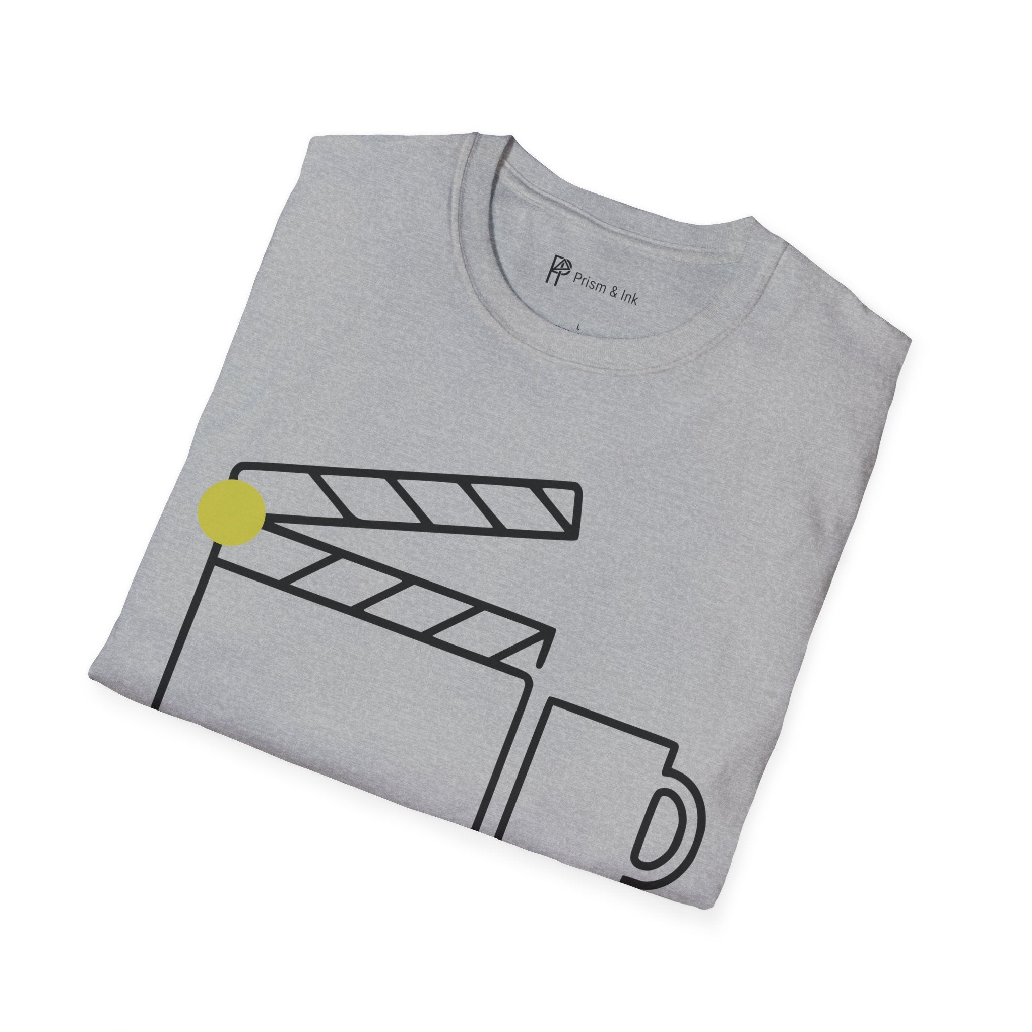 Final Cut First Cup T-Shirt — Minimalist Movie Clapper & Coffee Art