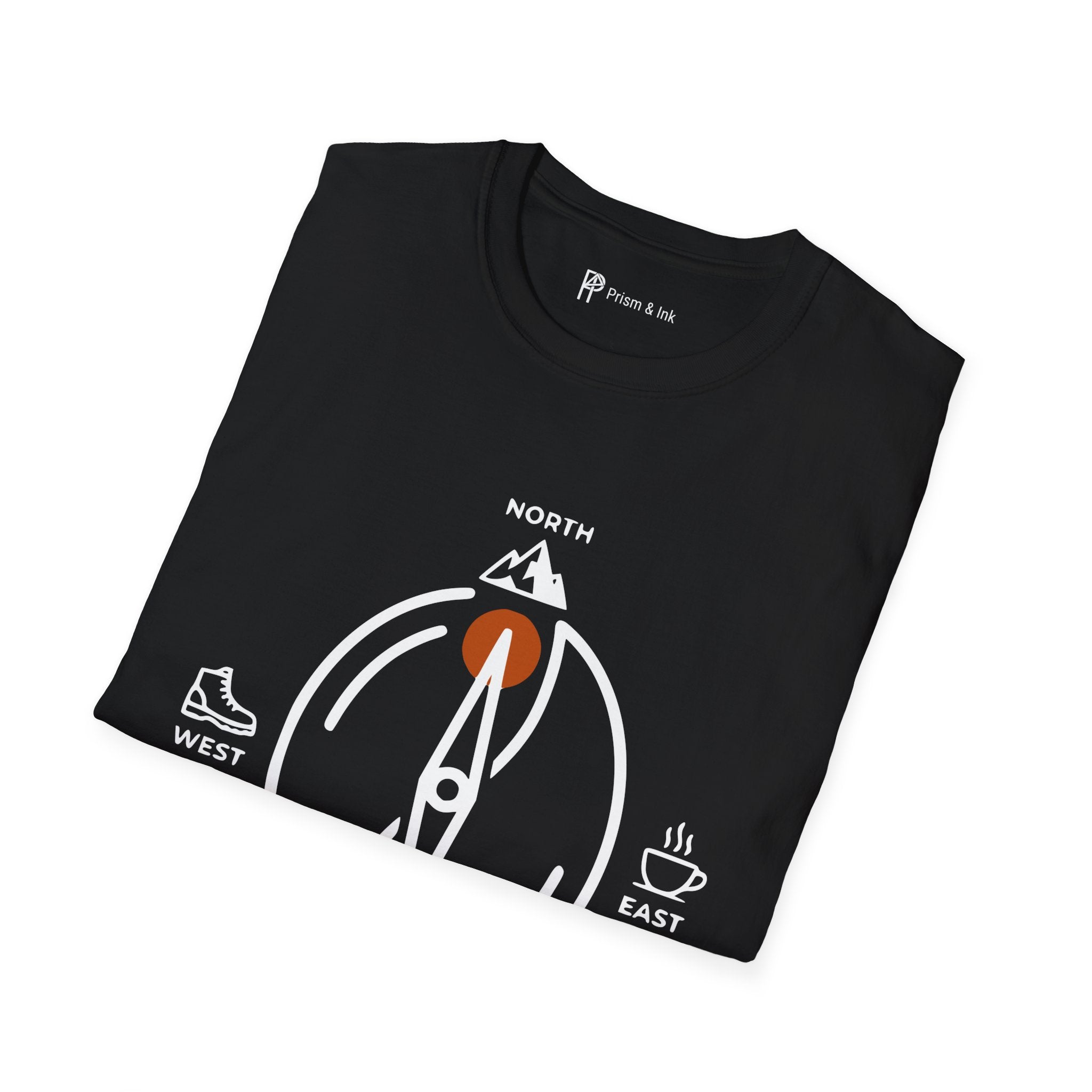 Caffeine Compass T-Shirt — Minimalist Coffee Bean Navigation