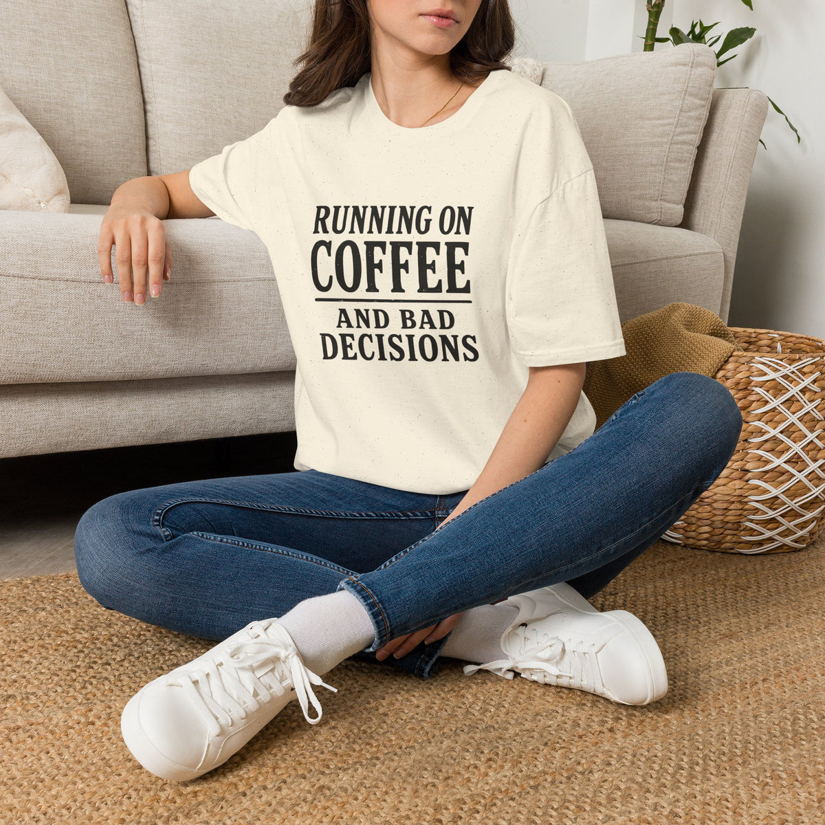 Running On Coffee And Bad Decisions Sarcastic Typography T-Shirt