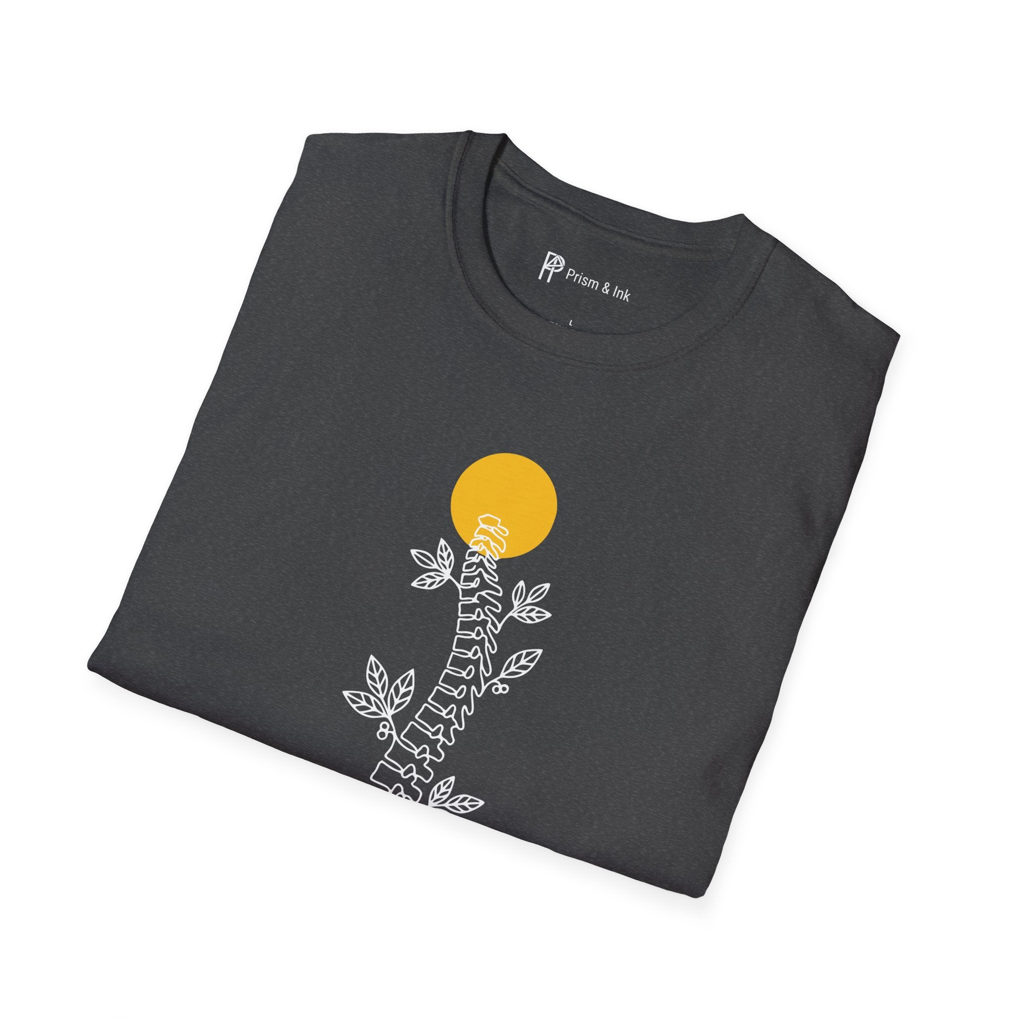 Rooted in Caffeine T-Shirt — Spinal Coffee Branch and Sun Graph