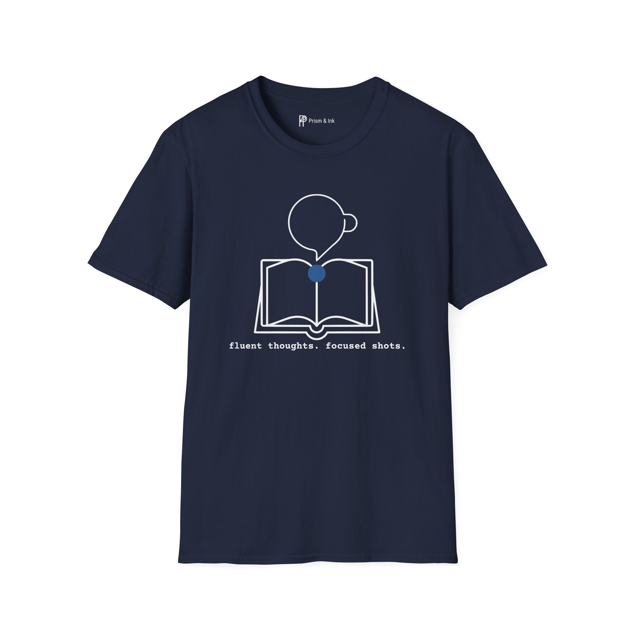 Fluent Thoughts Focused Shots T-Shirt — Minimalist Open Book & Coffee Art