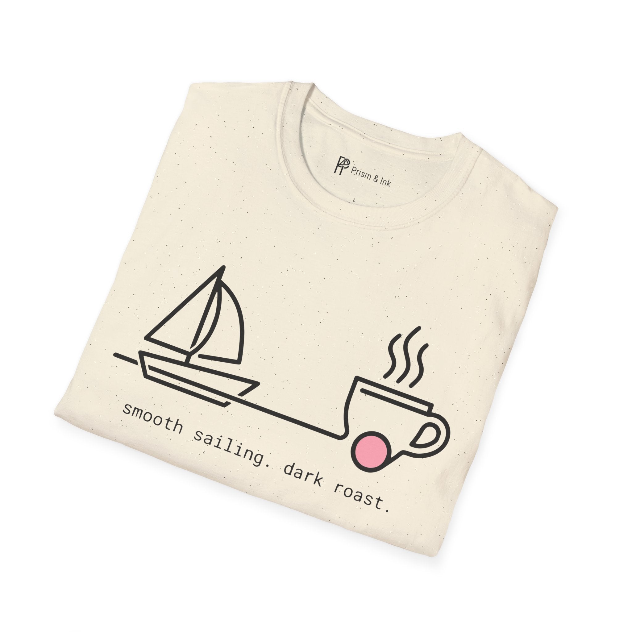 Smooth Sailing Dark Roast T-Shirt — Minimalist Sailboat & Coffee Cup