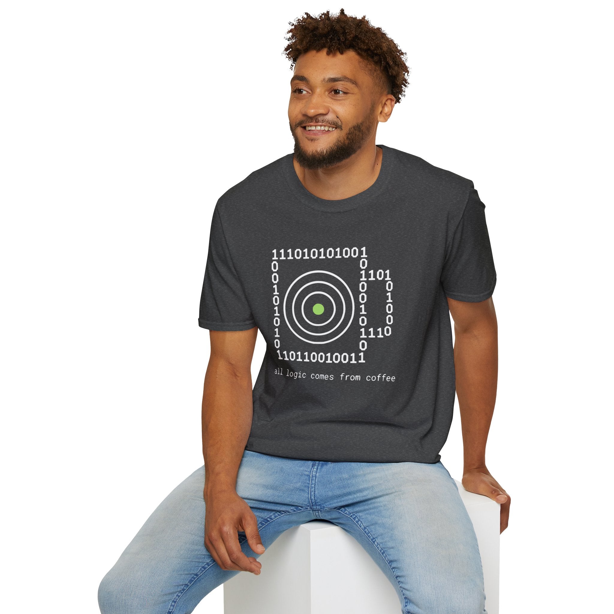 Binary Code Target T-Shirt — "All Logic Comes From Coffee" Geek T-Shirt