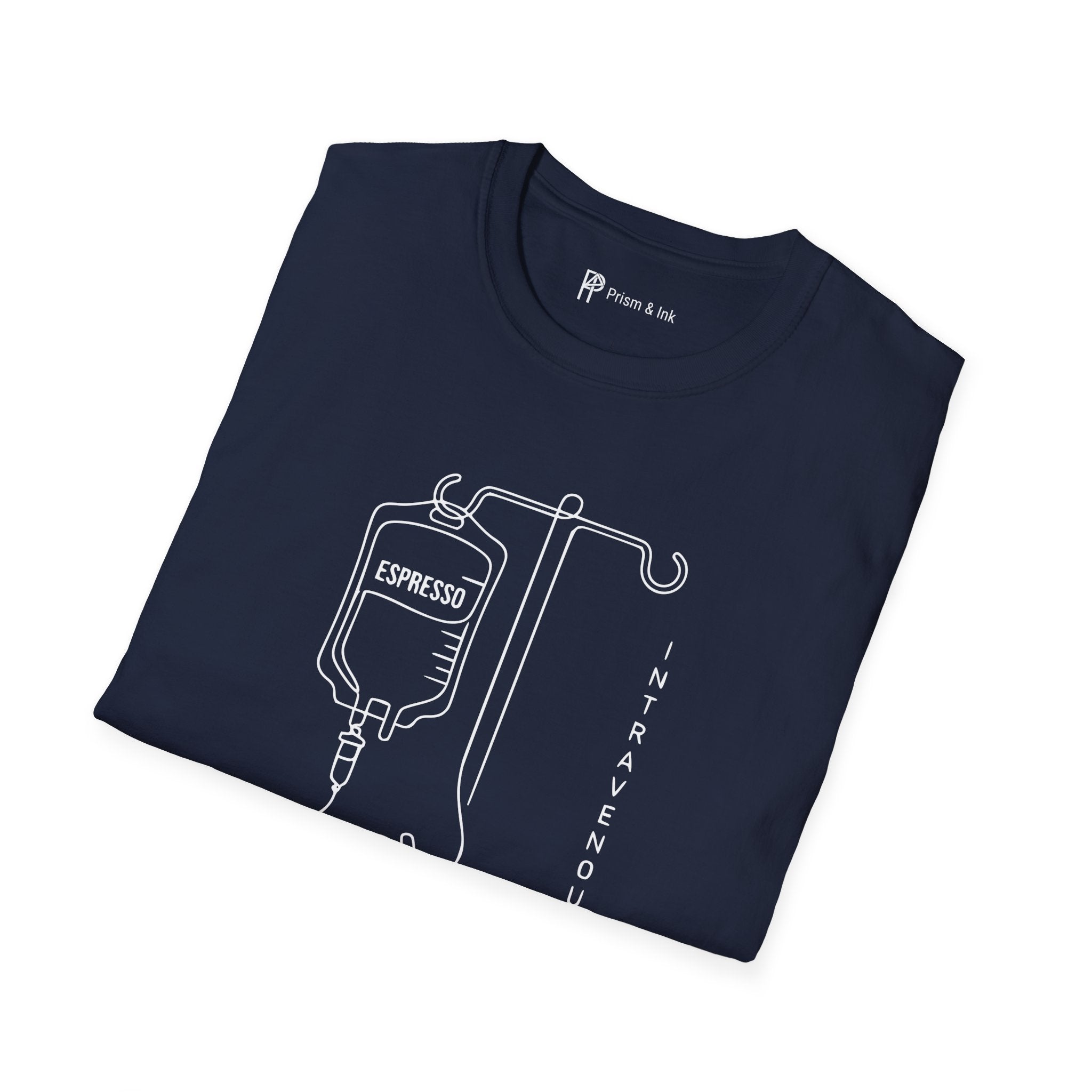 Intravenous Intake T-Shirt — Espresso IV and Heart Line Art