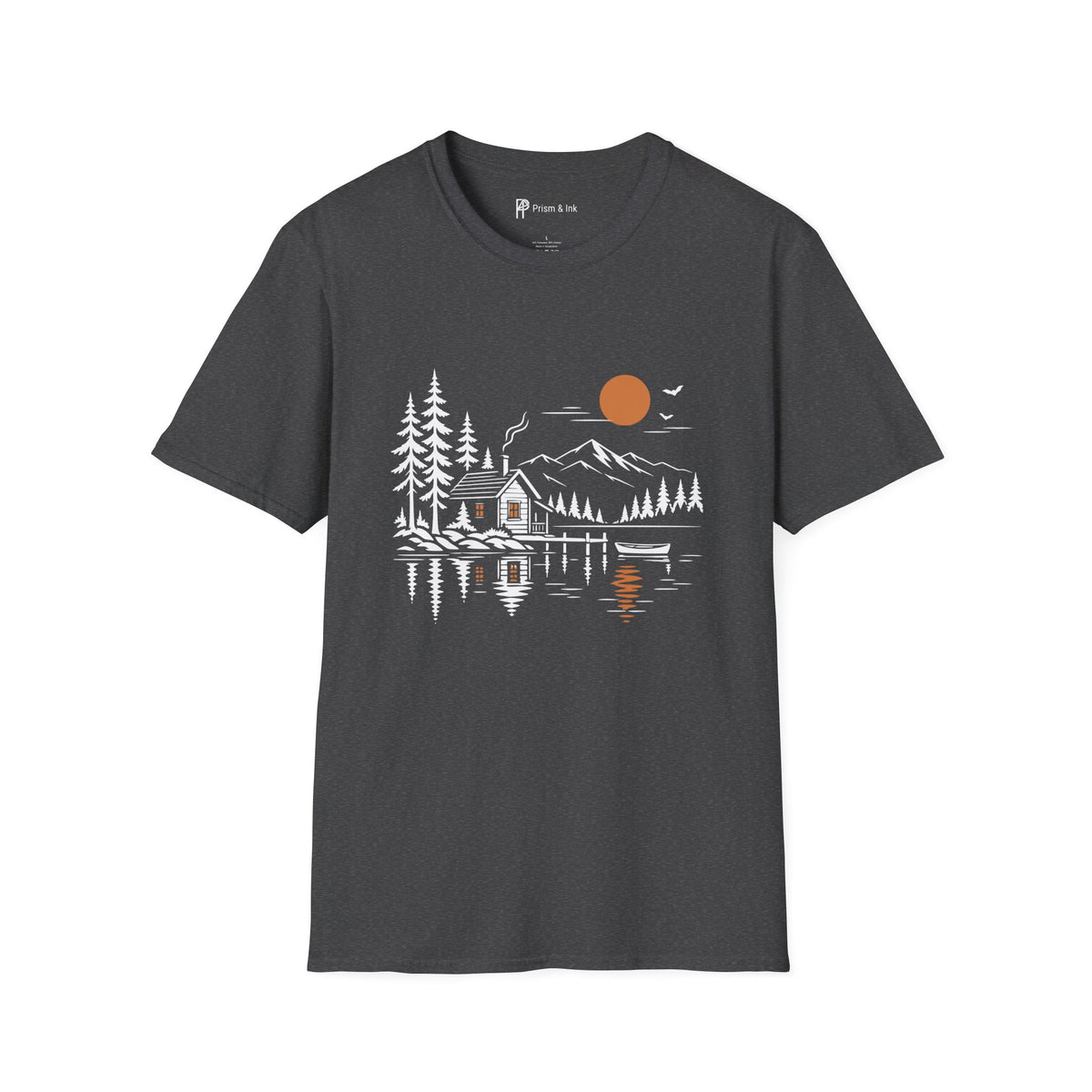 A dark gray crewneck t-shirt featuring a minimalist graphic print of a cabin, mountains, pine trees, and an orange sun reflecting on water, shown against a plain white background.