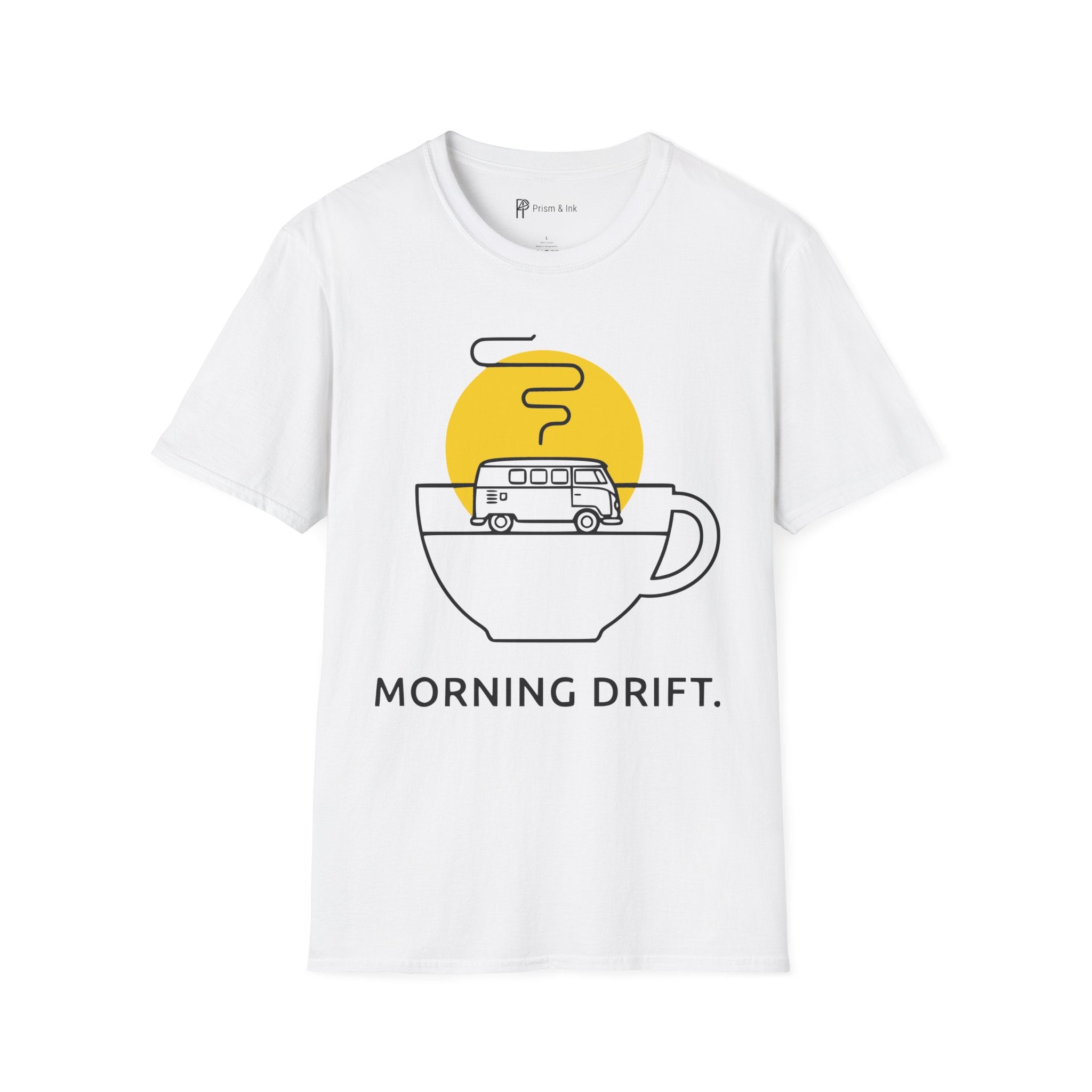 Morning Drift T-Shirt — Retro Camper Van and Coffee Cup