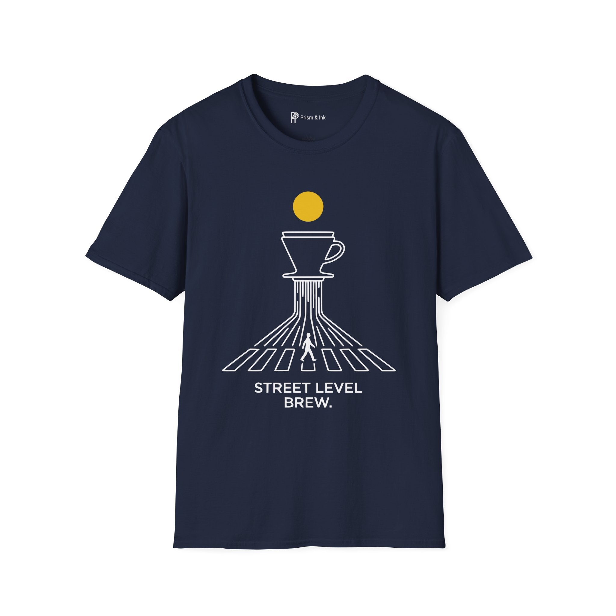 Street Level Brew T-Shirt — Pour-Over Dripper and Crosswalk Silhouette