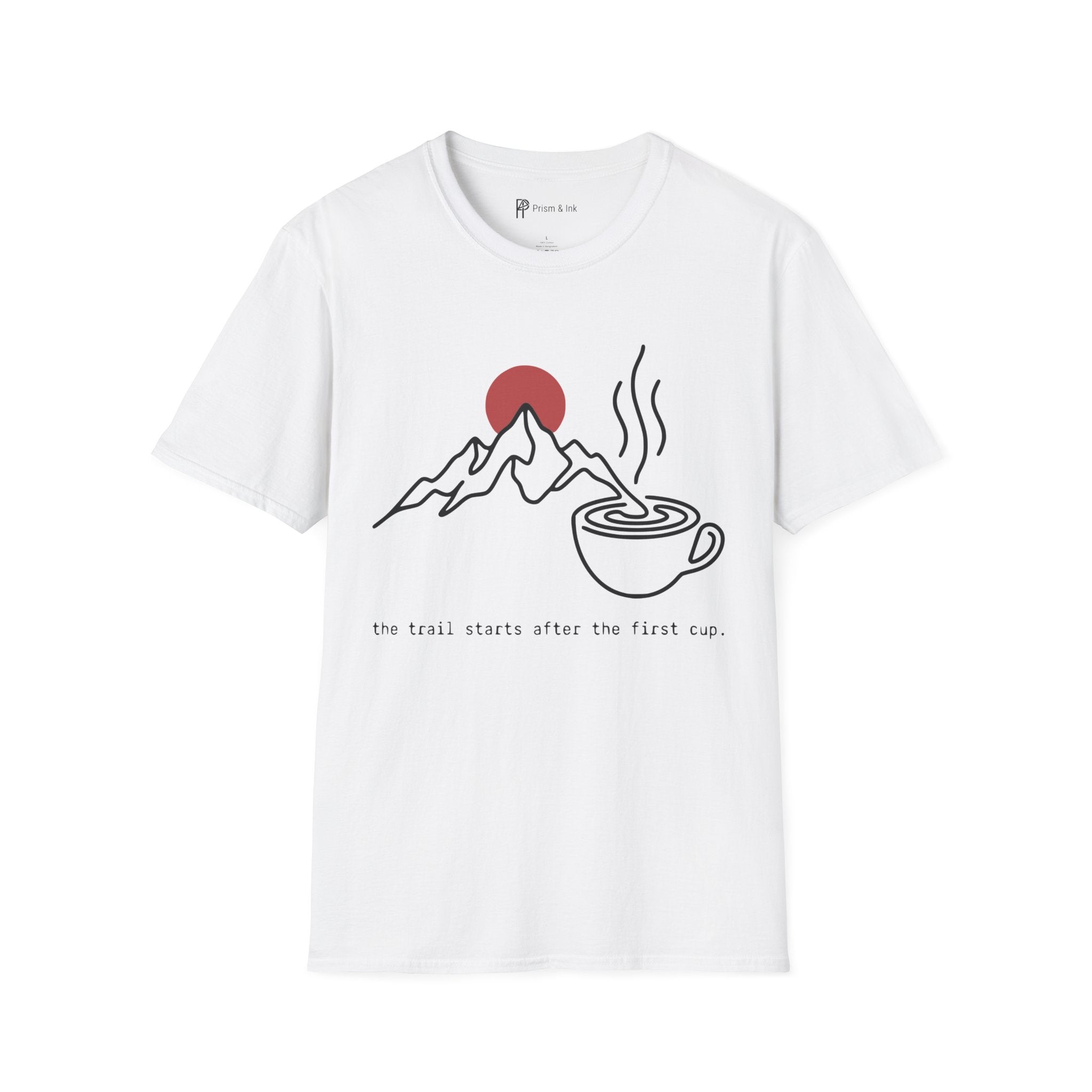 Trail Starts After Coffee T-Shirt — Minimalist Mountain & First Cup Graphic