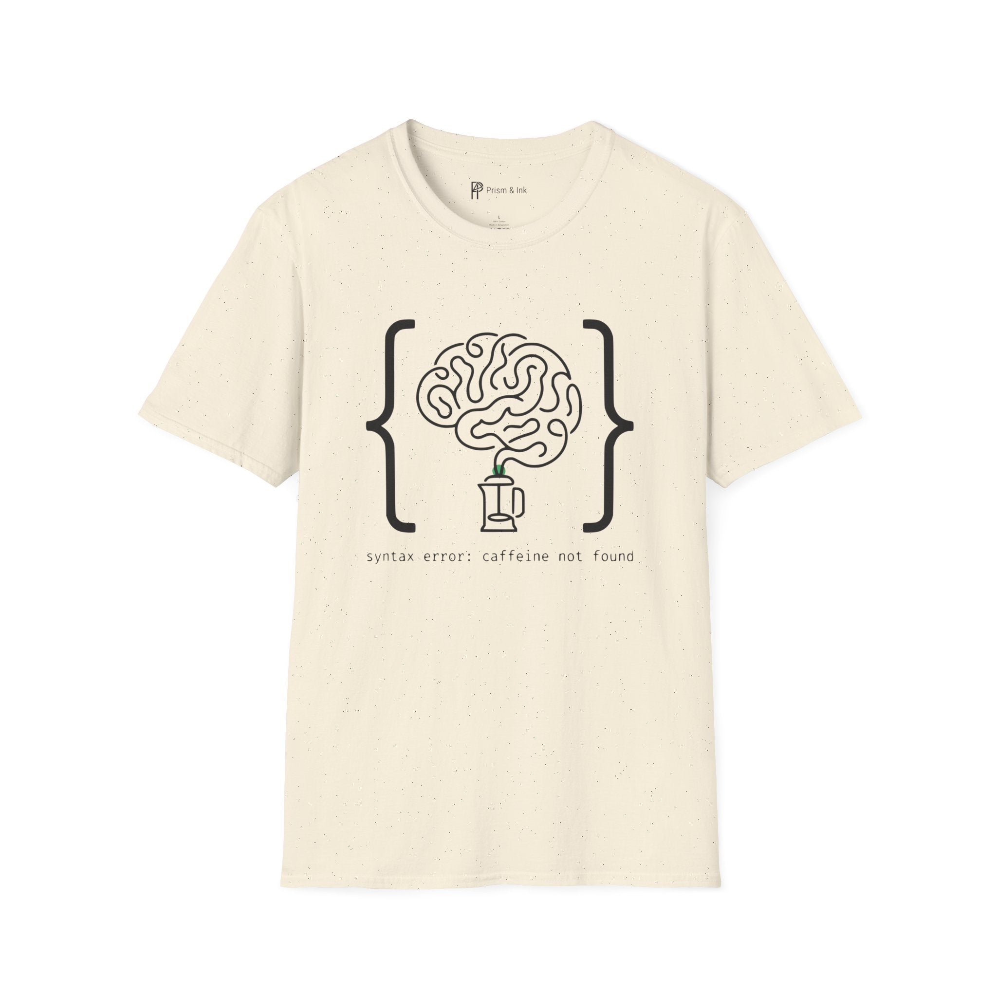 Syntax Error Caffeine Not Found T-Shirt — Minimalist Developer Brain & Coffee Art