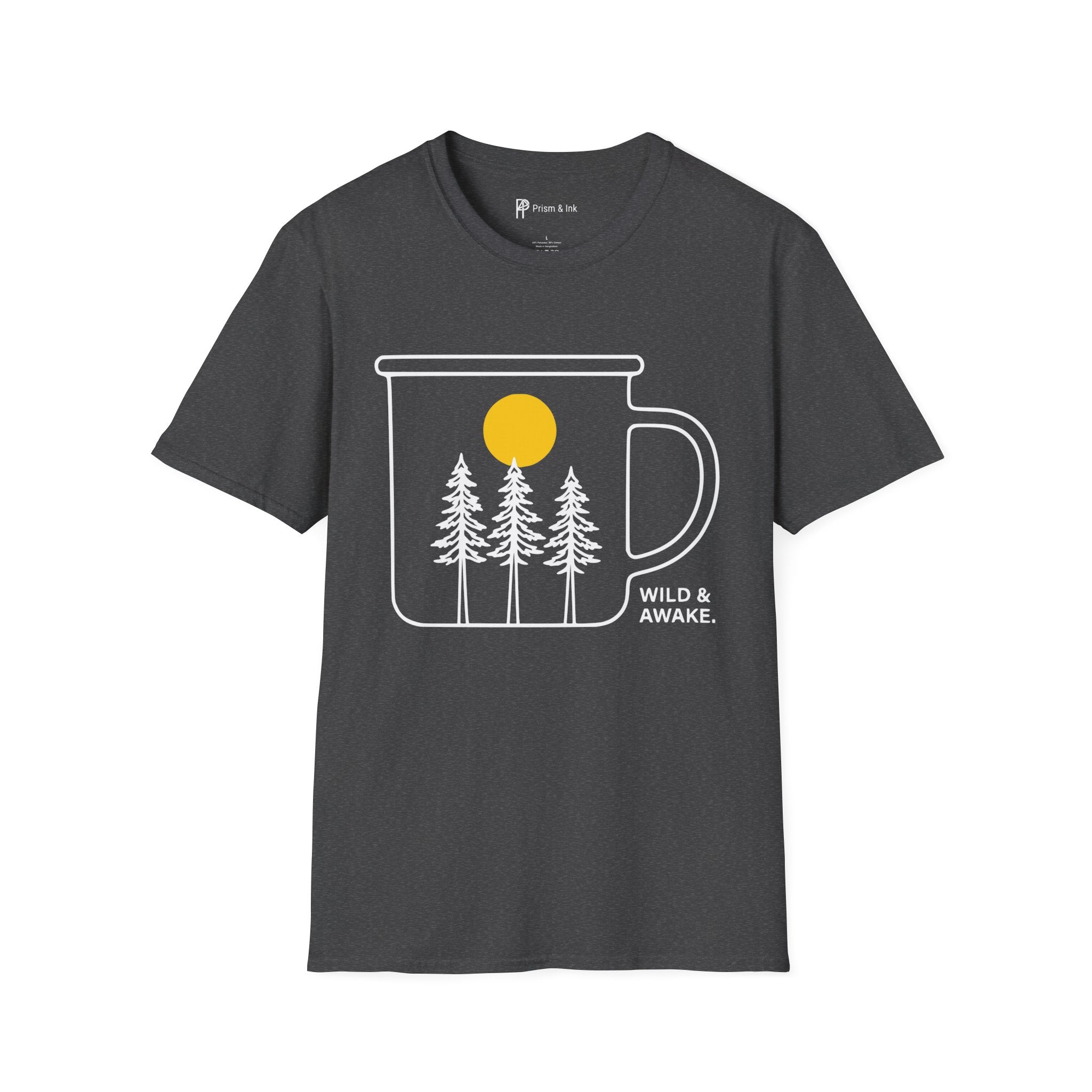 Wild & Awake T-Shirt — Outdoor Enamel Mug and Pine Forest
