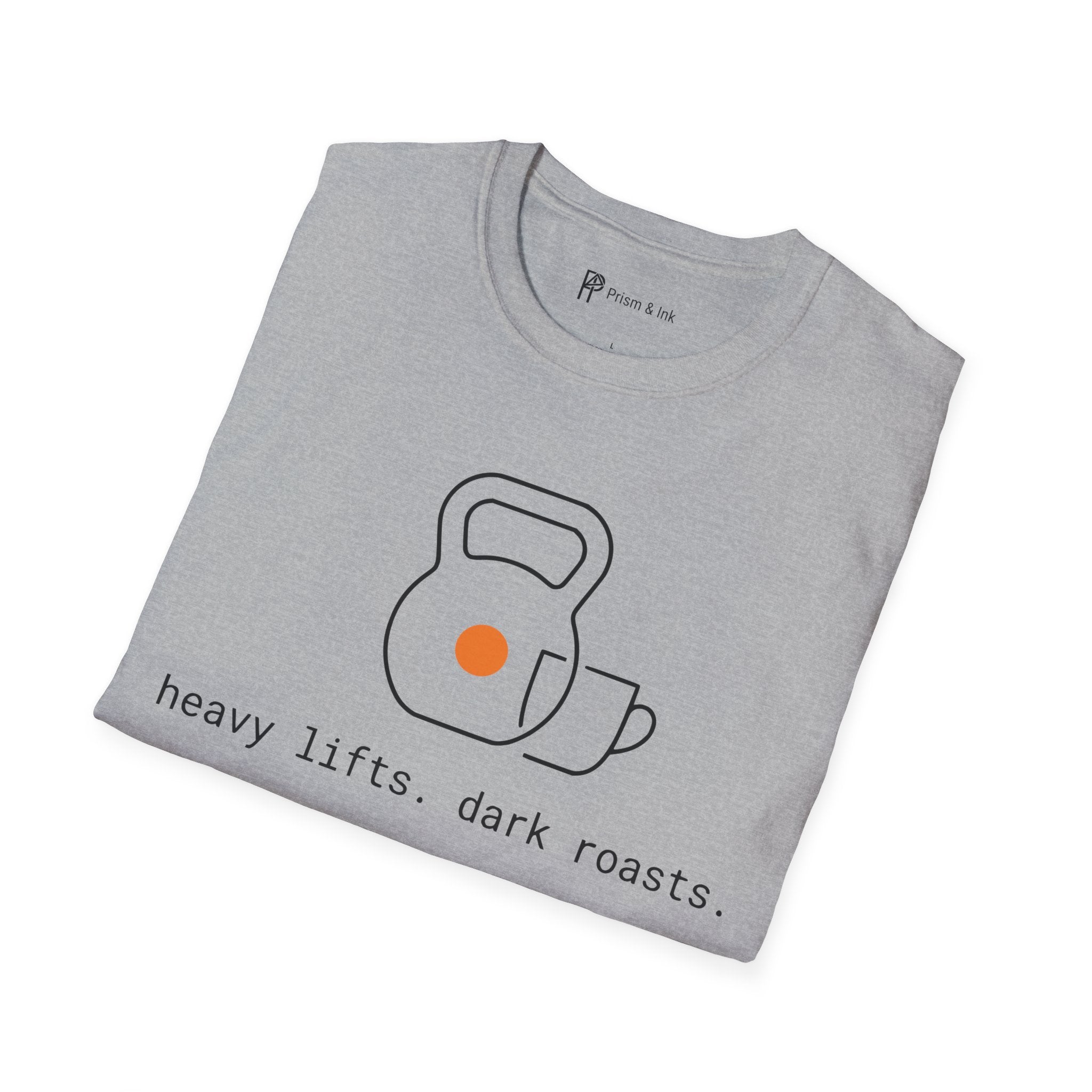 Heavy Lifts & Dark Roasts T-Shirt — Minimalist Kettlebell & Coffee Line Art